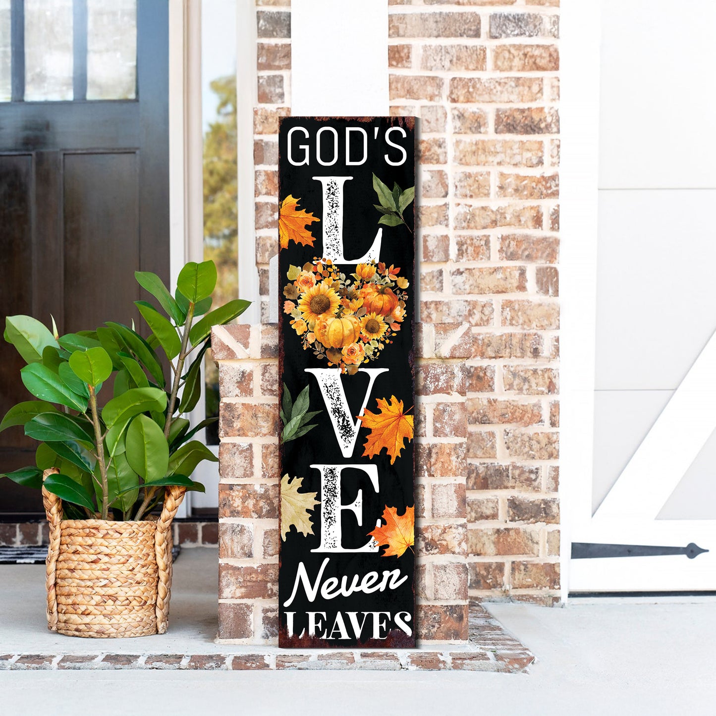 God’s Love Never Leaves Fall Porch Sign – Vertical Wood Religious Decor, UV Printed, 36–72in Sizes for Outdoor Display