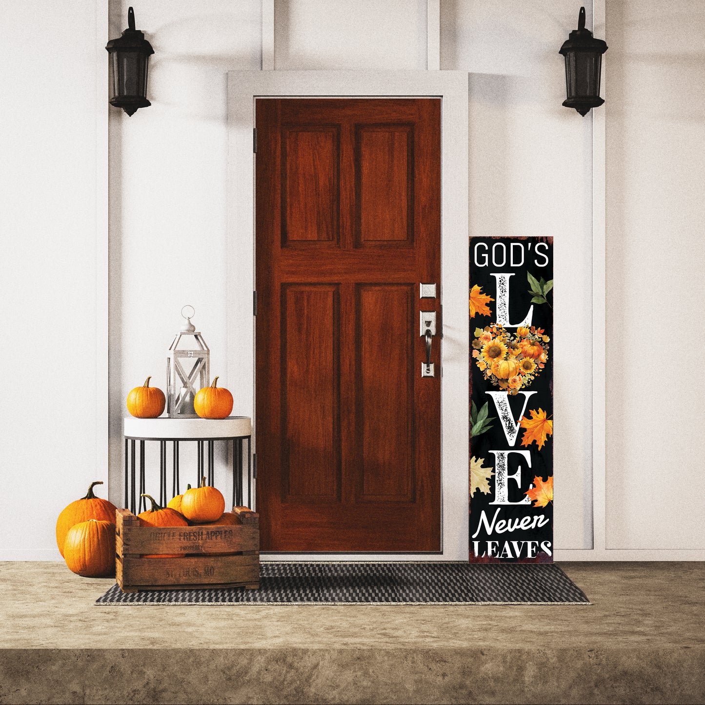 God’s Love Never Leaves Fall Porch Sign – Vertical Wood Religious Decor, UV Printed, 36–72in Sizes for Outdoor Display
