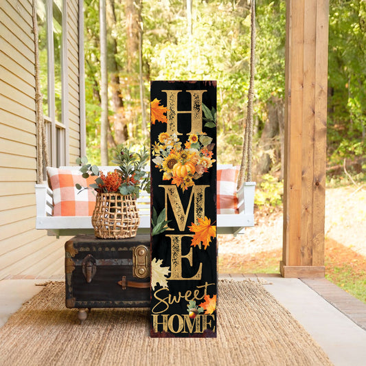 Home Sweet Home Fall Porch Sign – Vertical Wood Decor with Floral Heart, UV Printed, Farmhouse Style, 36–72in Sizes