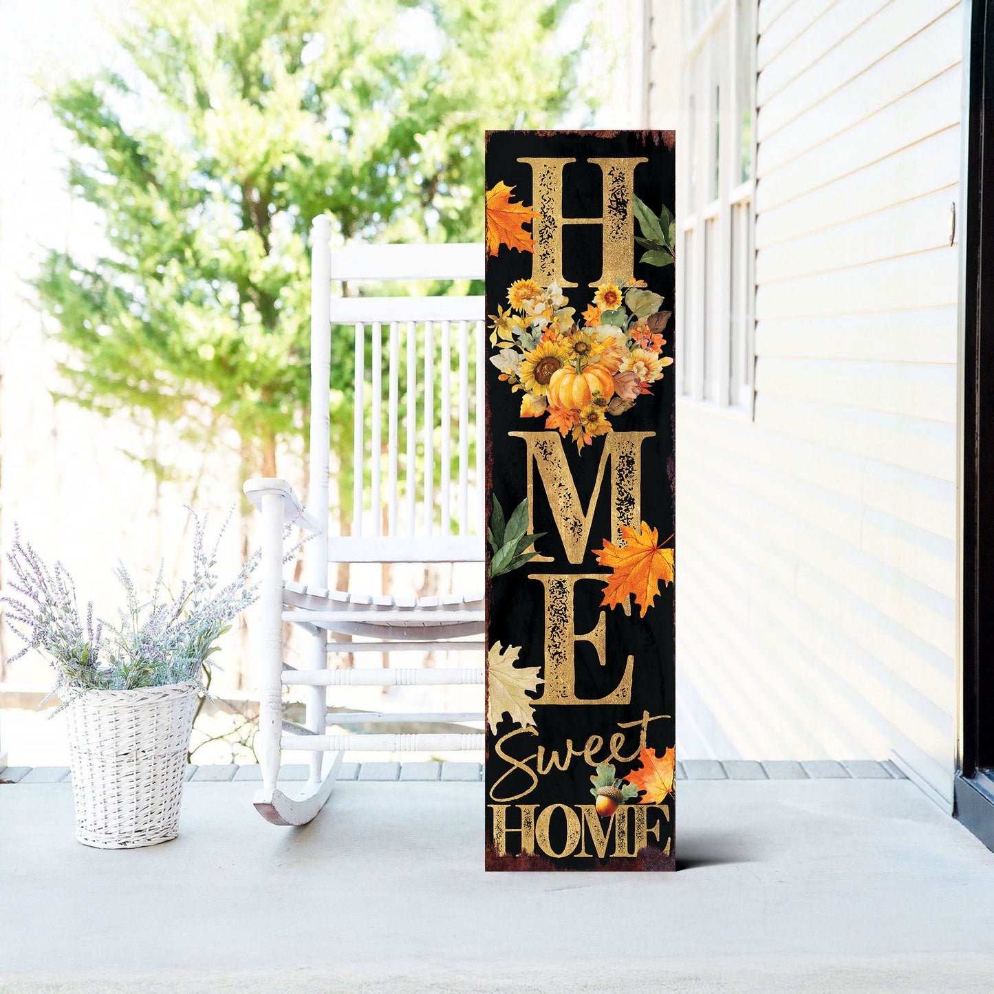 Home Sweet Home Fall Porch Sign – Vertical Wood Decor with Floral Heart, UV Printed, Farmhouse Style, 36–72in Sizes