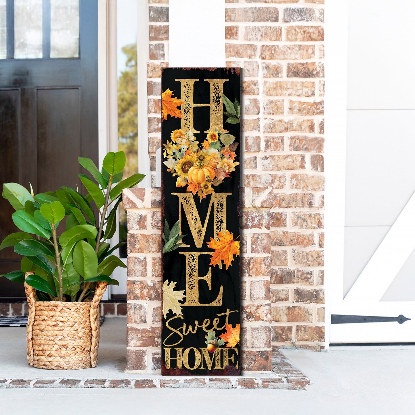 Home Sweet Home Fall Porch Sign – Vertical Wood Decor with Floral Heart, UV Printed, Farmhouse Style, 36–72in Sizes