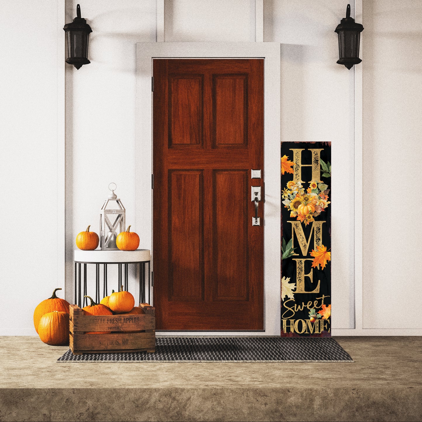 Home Sweet Home Fall Porch Sign – Vertical Wood Decor with Floral Heart, UV Printed, Farmhouse Style, 36–72in Sizes