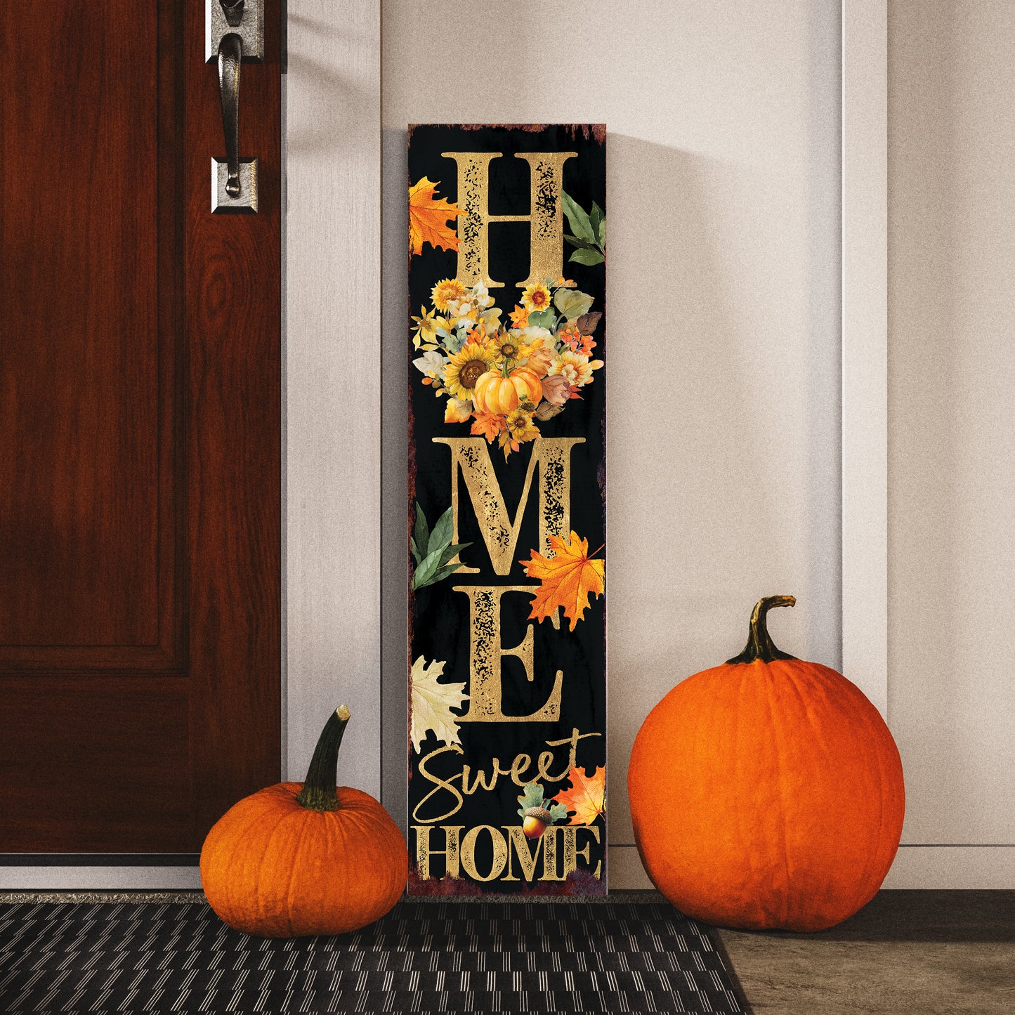 Home Sweet Home Fall Porch Sign – Vertical Wood Decor with Floral Heart, UV Printed, Farmhouse Style, 36–72in Sizes