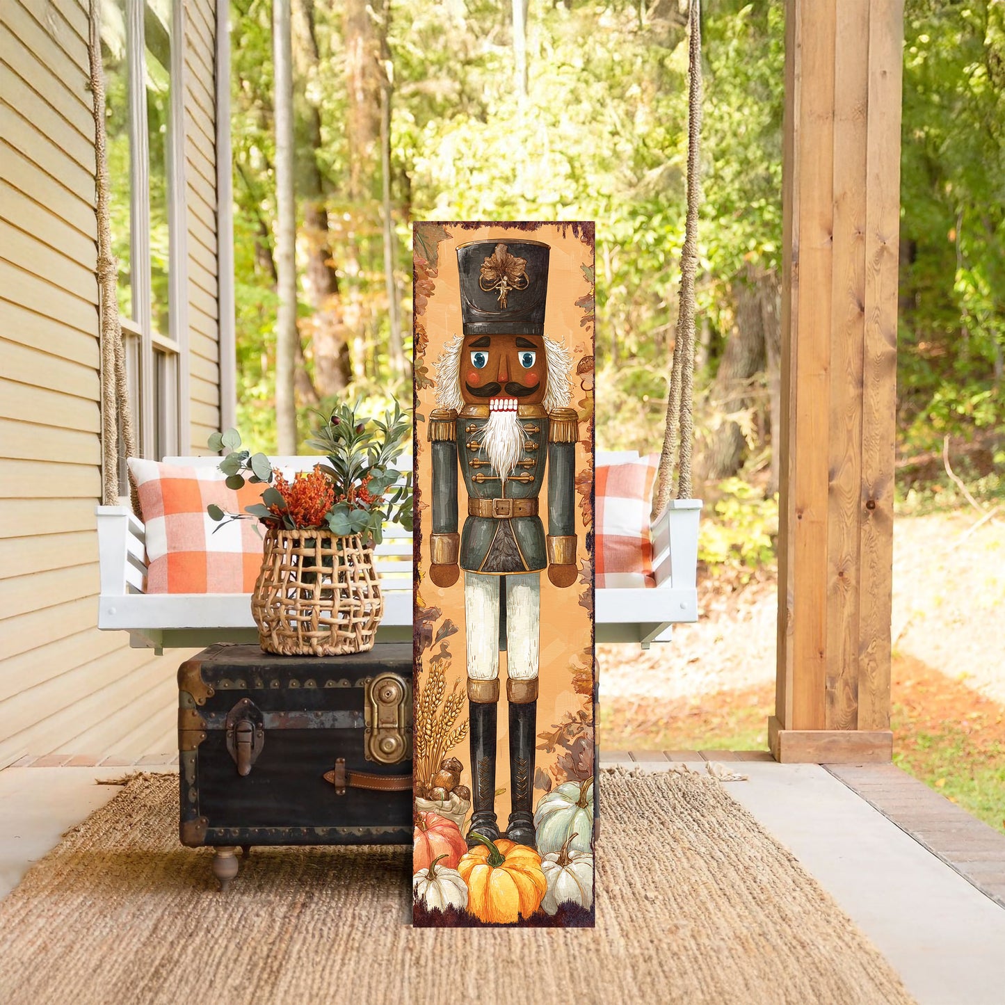 Fall Nutcracker Porch Sign – Rustic Harvest Soldier Decor for Front Door, Entryway, or Patio – Autumn Farmhouse Decoration