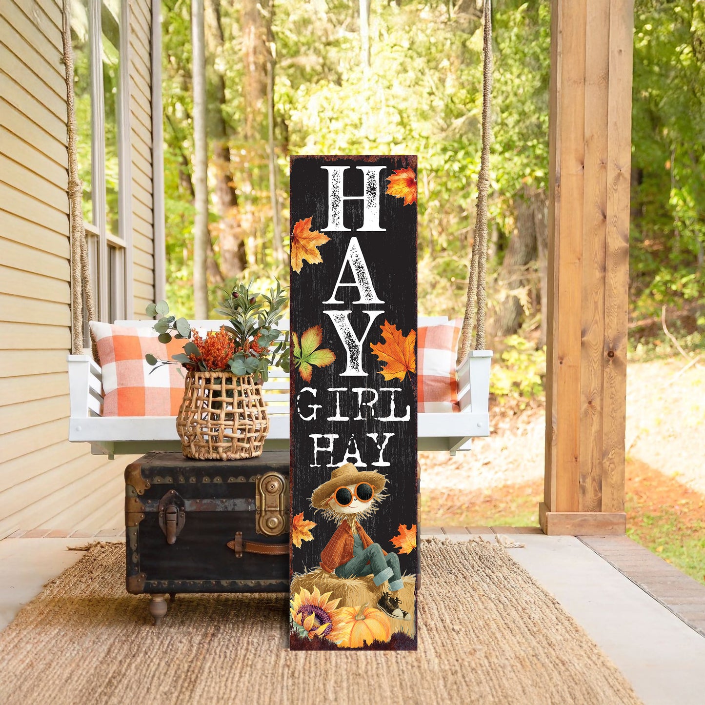 Hay Girl Hay Fall Porch Sign – Funny Autumn Front Porch Decor with Scarecrow & Leaves – Vertical UV Printed Outdoor Sign