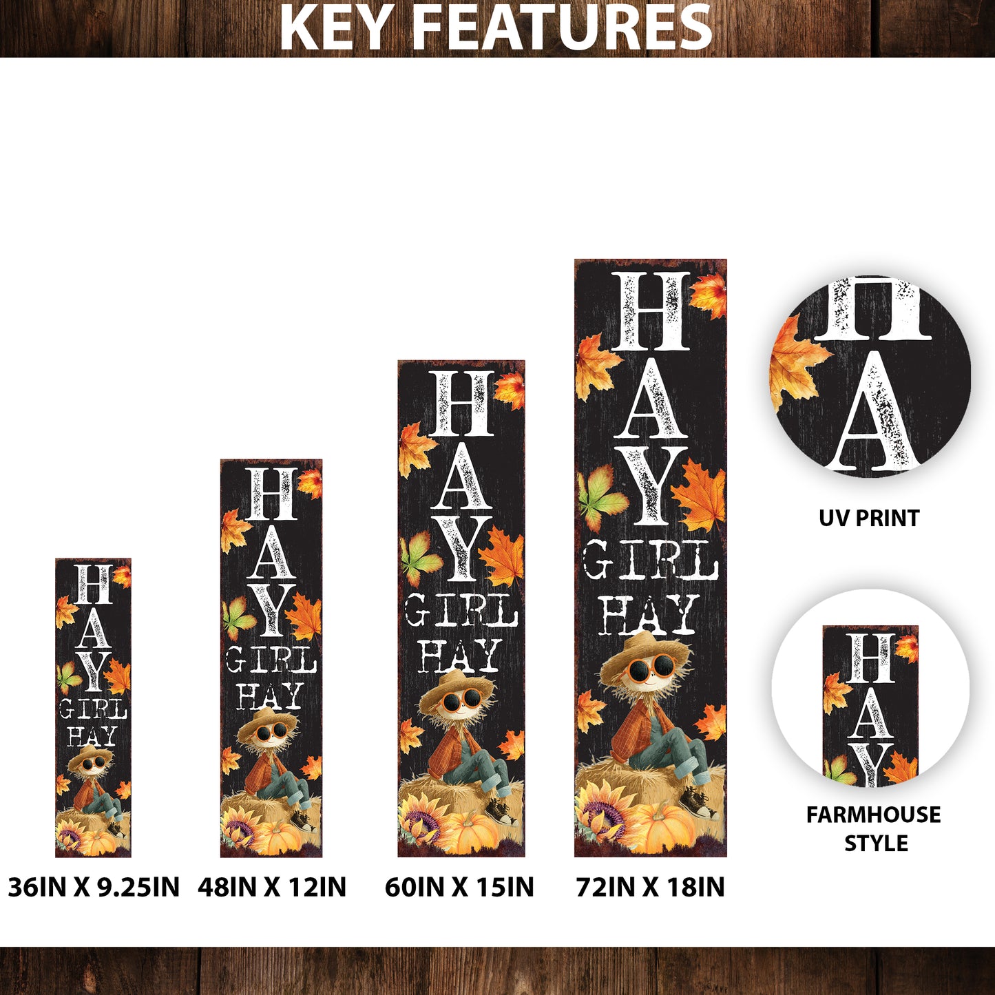Hay Girl Hay Fall Porch Sign – Funny Autumn Front Porch Decor with Scarecrow & Leaves – Vertical UV Printed Outdoor Sign