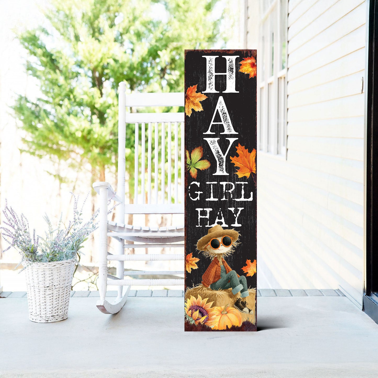 Hay Girl Hay Fall Porch Sign – Funny Autumn Front Porch Decor with Scarecrow & Leaves – Vertical UV Printed Outdoor Sign