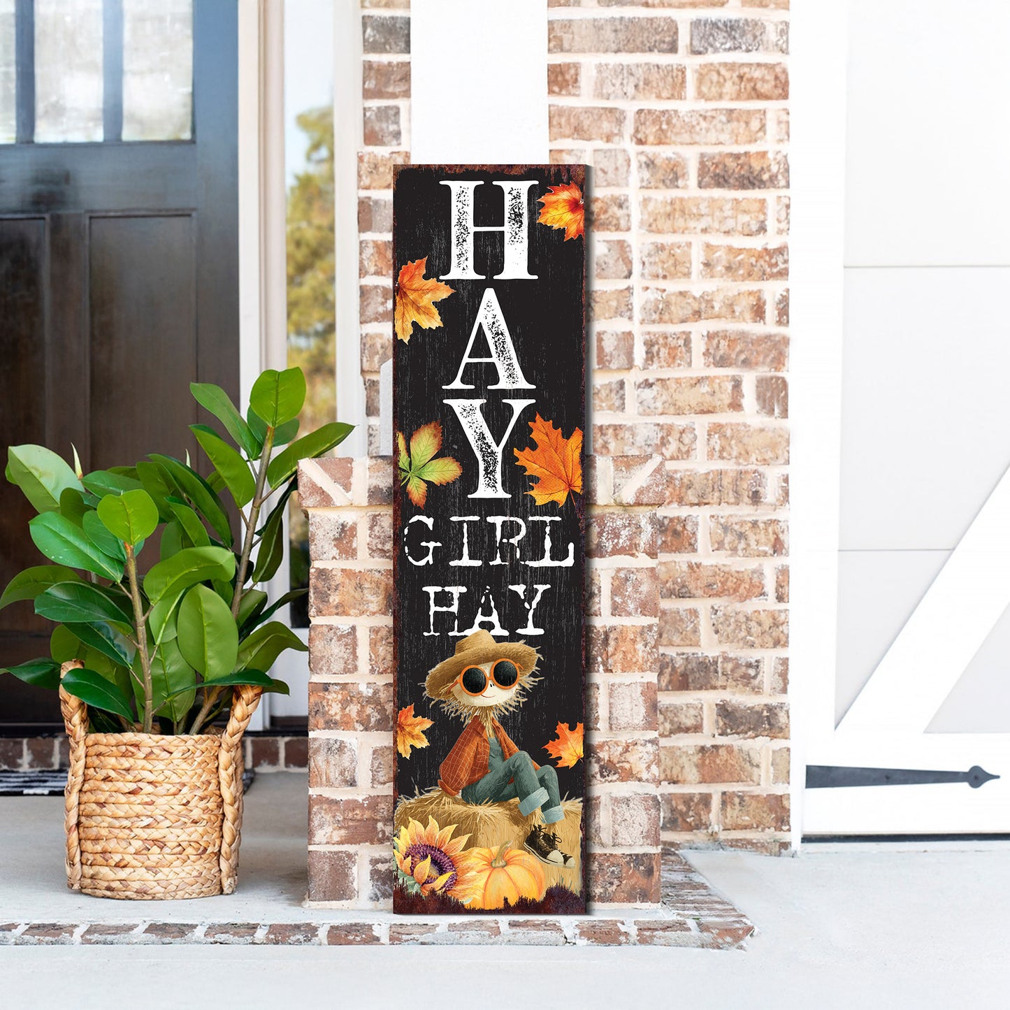 Hay Girl Hay Fall Porch Sign – Funny Autumn Front Porch Decor with Scarecrow & Leaves – Vertical UV Printed Outdoor Sign