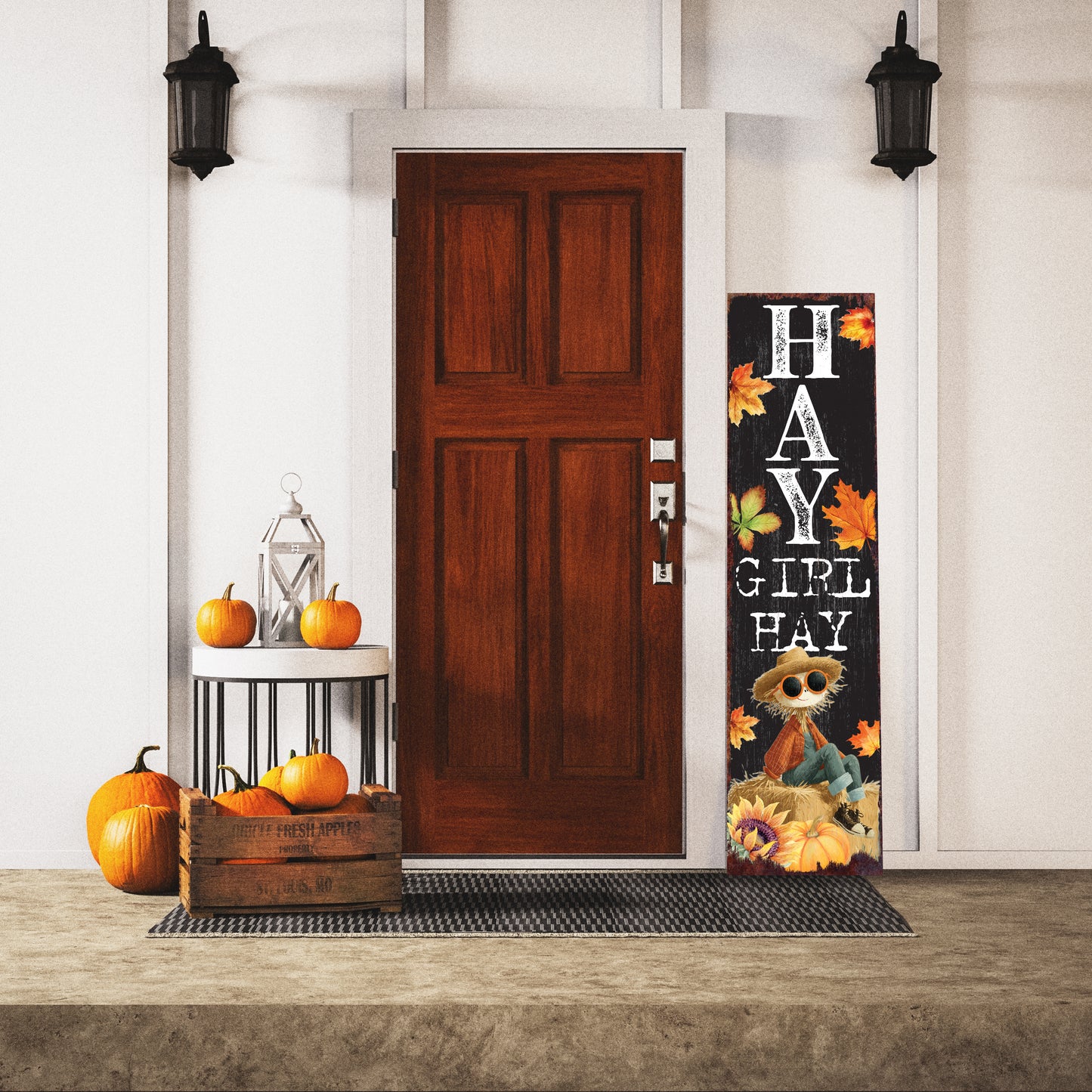 Hay Girl Hay Fall Porch Sign – Funny Autumn Front Porch Decor with Scarecrow & Leaves – Vertical UV Printed Outdoor Sign