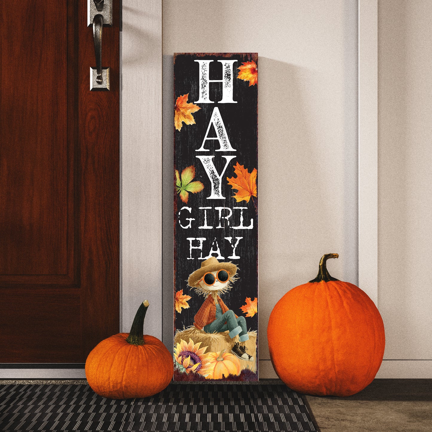 Hay Girl Hay Fall Porch Sign – Funny Autumn Front Porch Decor with Scarecrow & Leaves – Vertical UV Printed Outdoor Sign