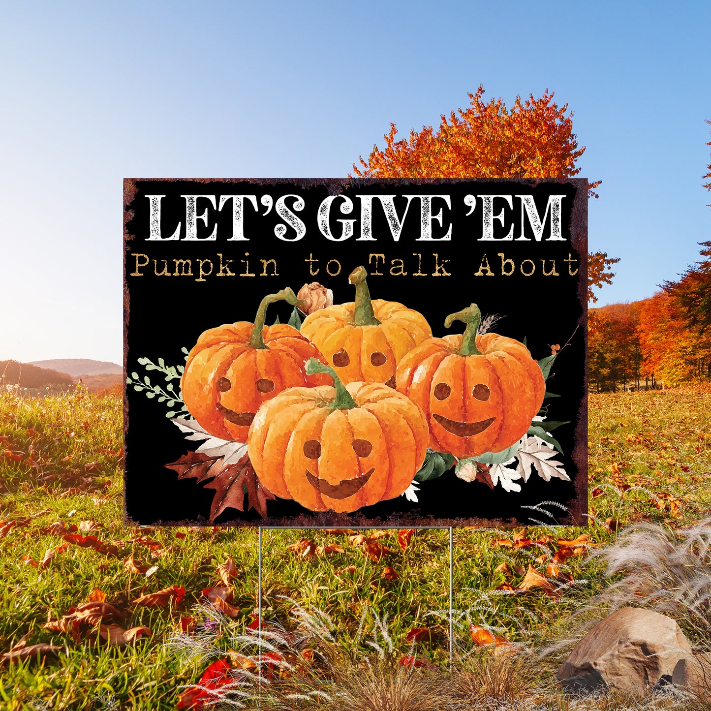 Halloween Meme Pumpkin Yard Sign – “Let’s Give ’Em Pumpkin to Talk About” UV Printed Garden Stake – Outdoor Fall Décor