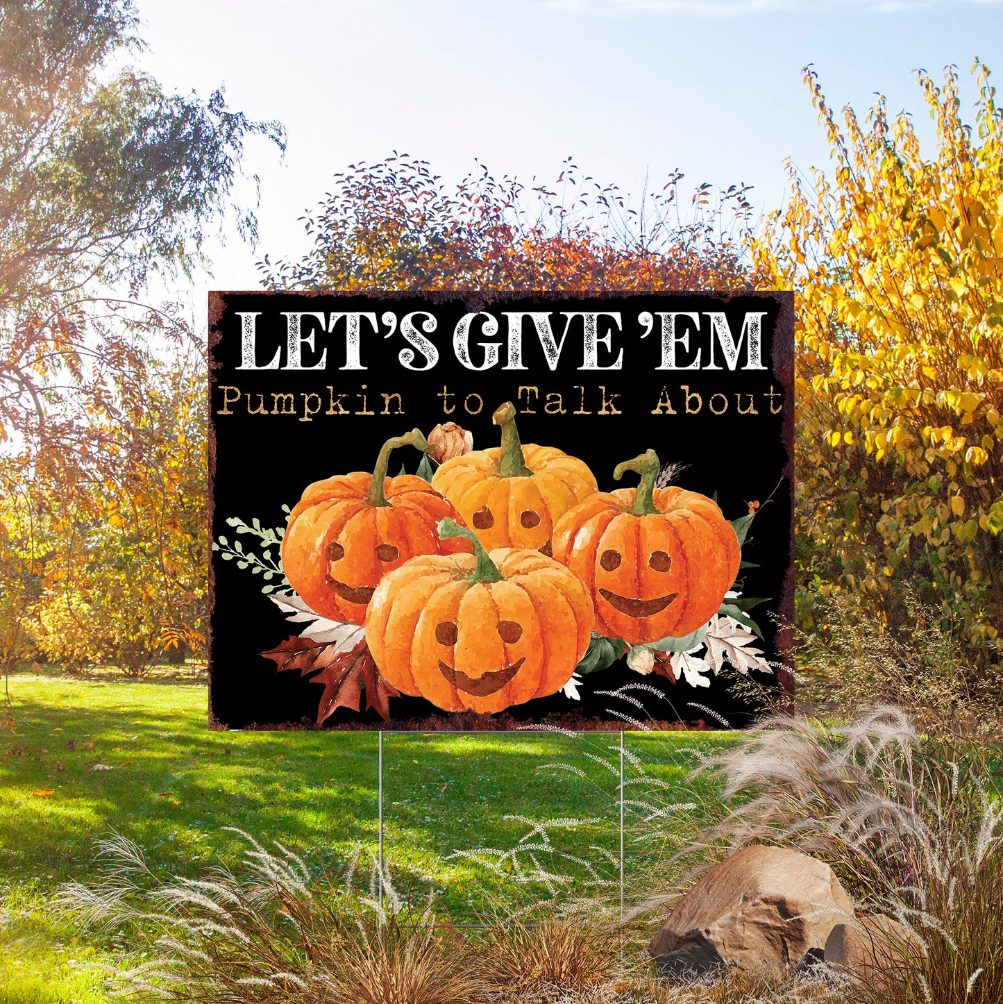 Halloween Meme Pumpkin Yard Sign – “Let’s Give ’Em Pumpkin to Talk About” UV Printed Garden Stake – Outdoor Fall Décor