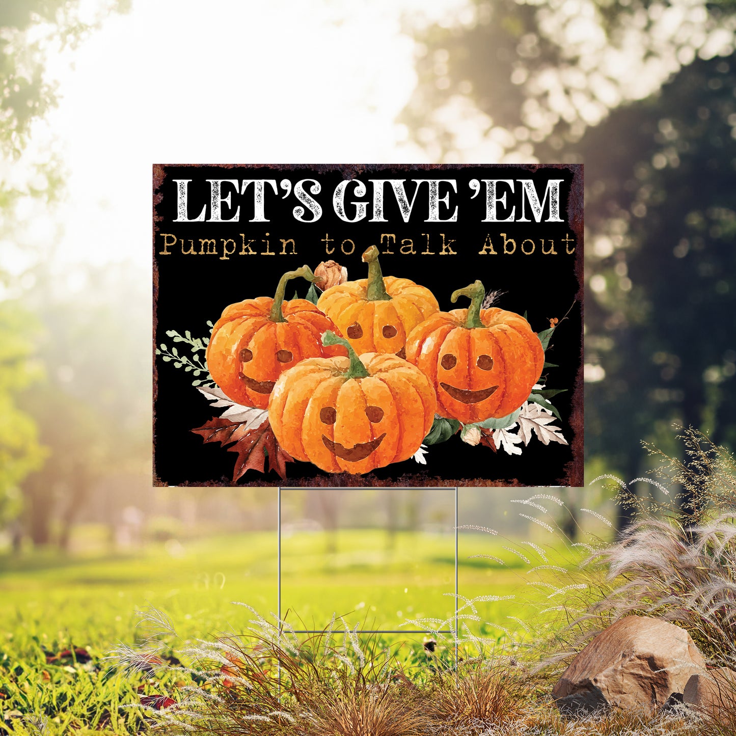 Halloween Meme Pumpkin Yard Sign – “Let’s Give ’Em Pumpkin to Talk About” UV Printed Garden Stake – Outdoor Fall Décor