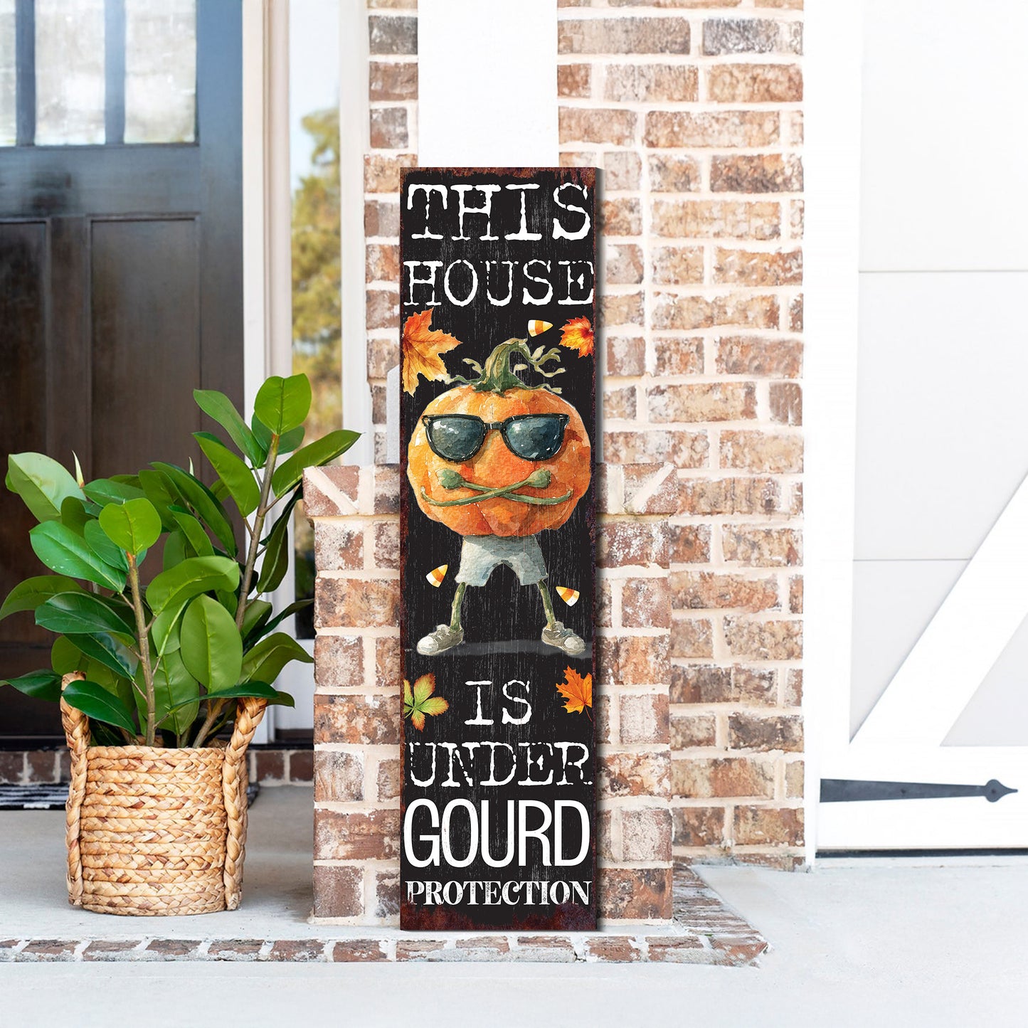 This House Is Under Gourd Protection Halloween Porch Sign – Funny Fall Front Porch Decor with Pumpkin & Sunglasses UV Print