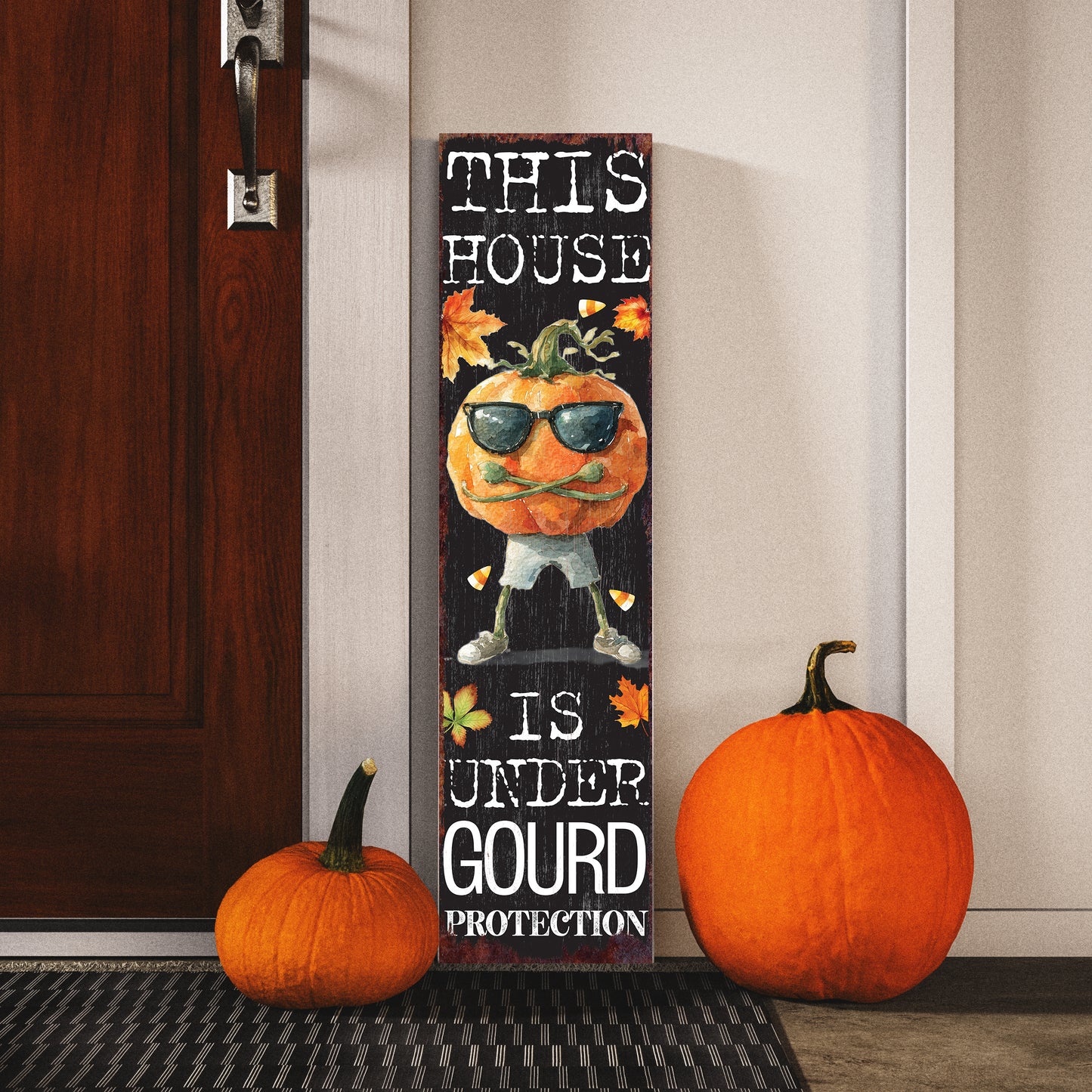 This House Is Under Gourd Protection Halloween Porch Sign – Funny Fall Front Porch Decor with Pumpkin & Sunglasses UV Print
