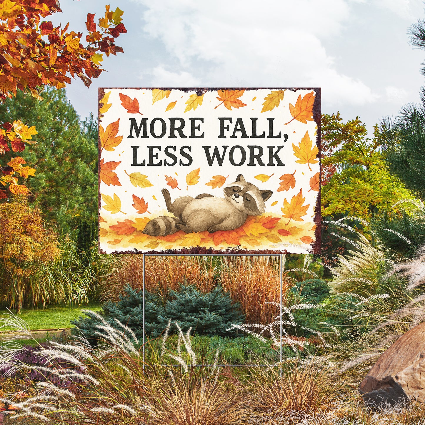 More Fall Less Work Garden Sign – Funny Fall Yard Decor with Raccoon – UV Print Waterproof Corrugated Plastic Lawn Stake