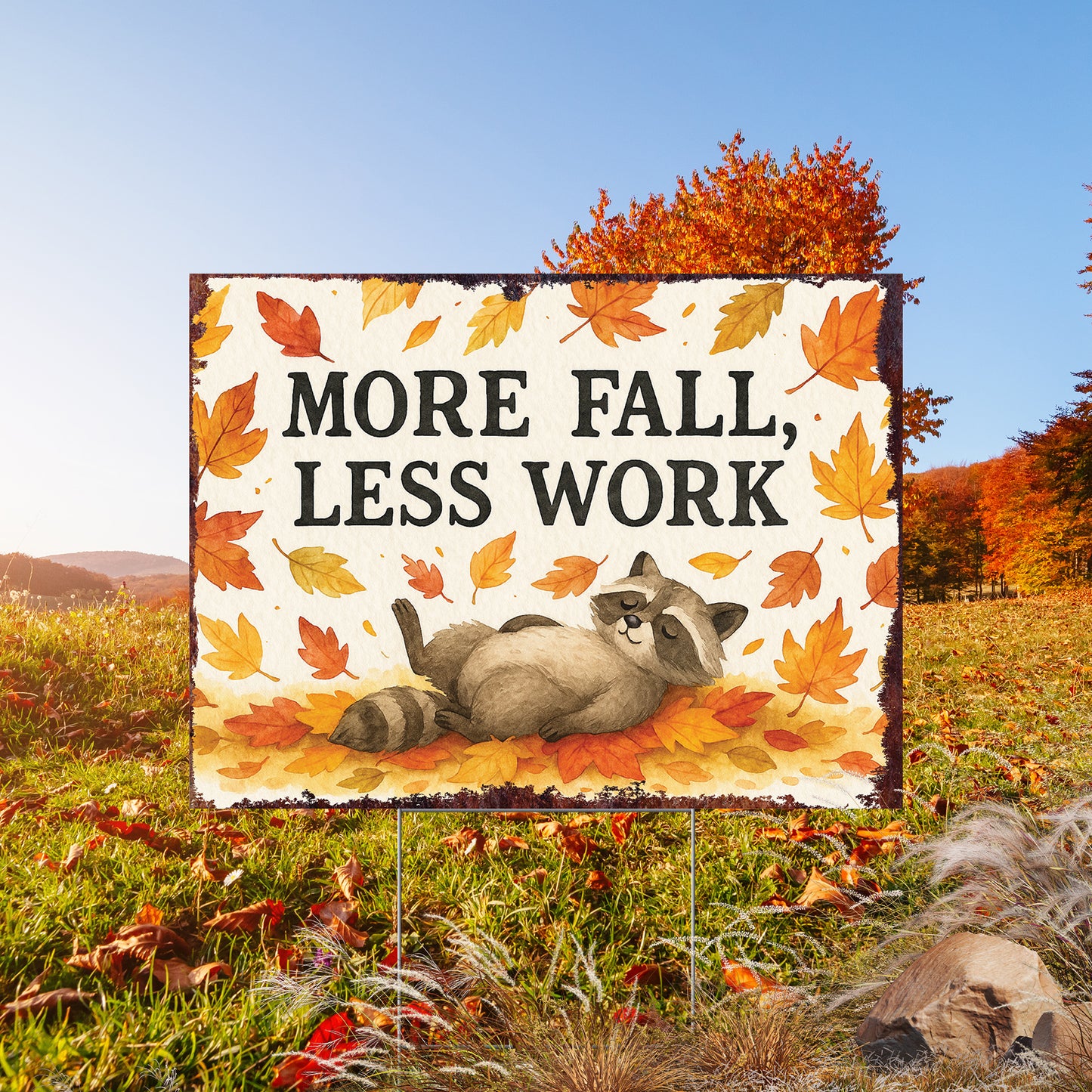 More Fall Less Work Garden Sign – Funny Fall Yard Decor with Raccoon – UV Print Waterproof Corrugated Plastic Lawn Stake