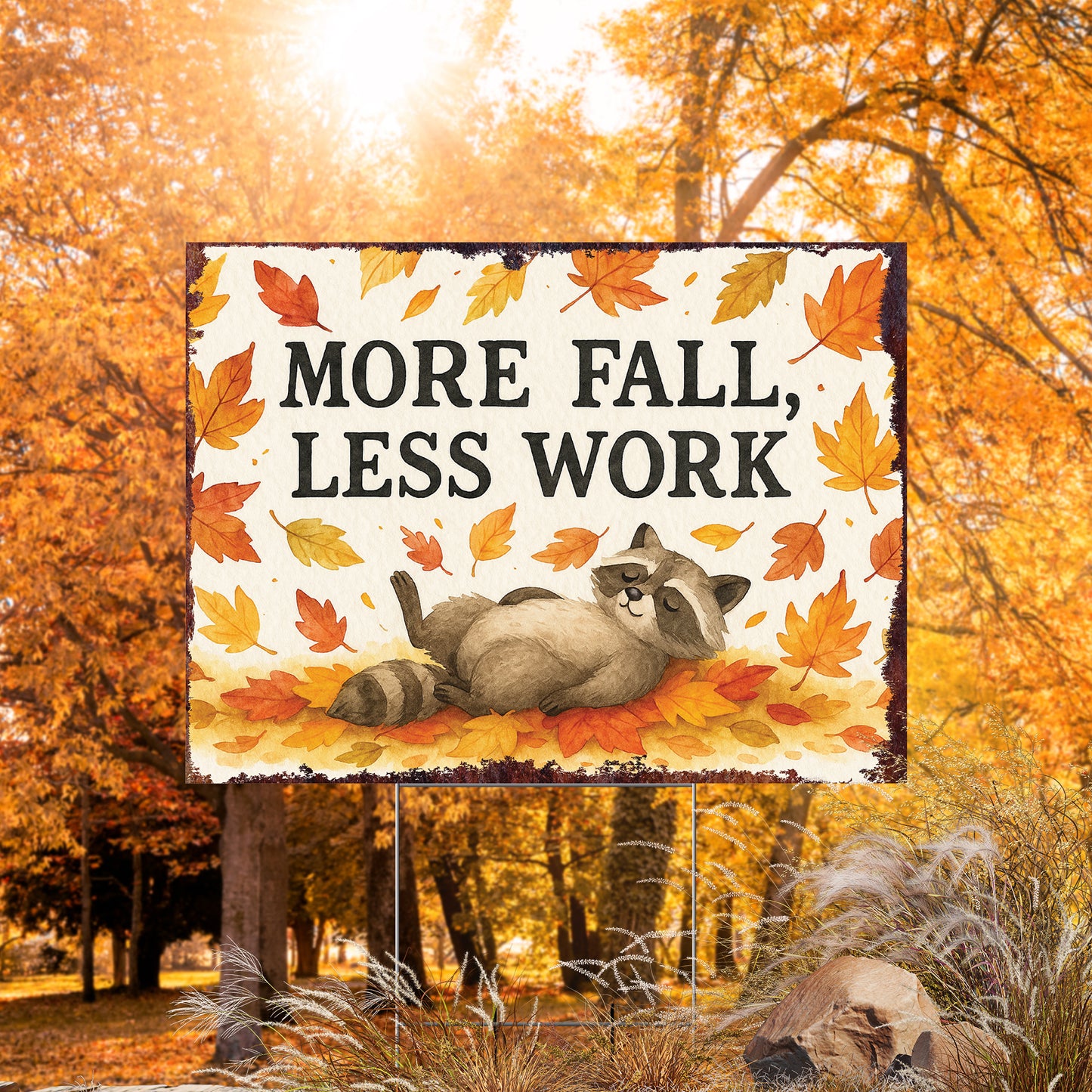 More Fall Less Work Garden Sign – Funny Fall Yard Decor with Raccoon – UV Print Waterproof Corrugated Plastic Lawn Stake