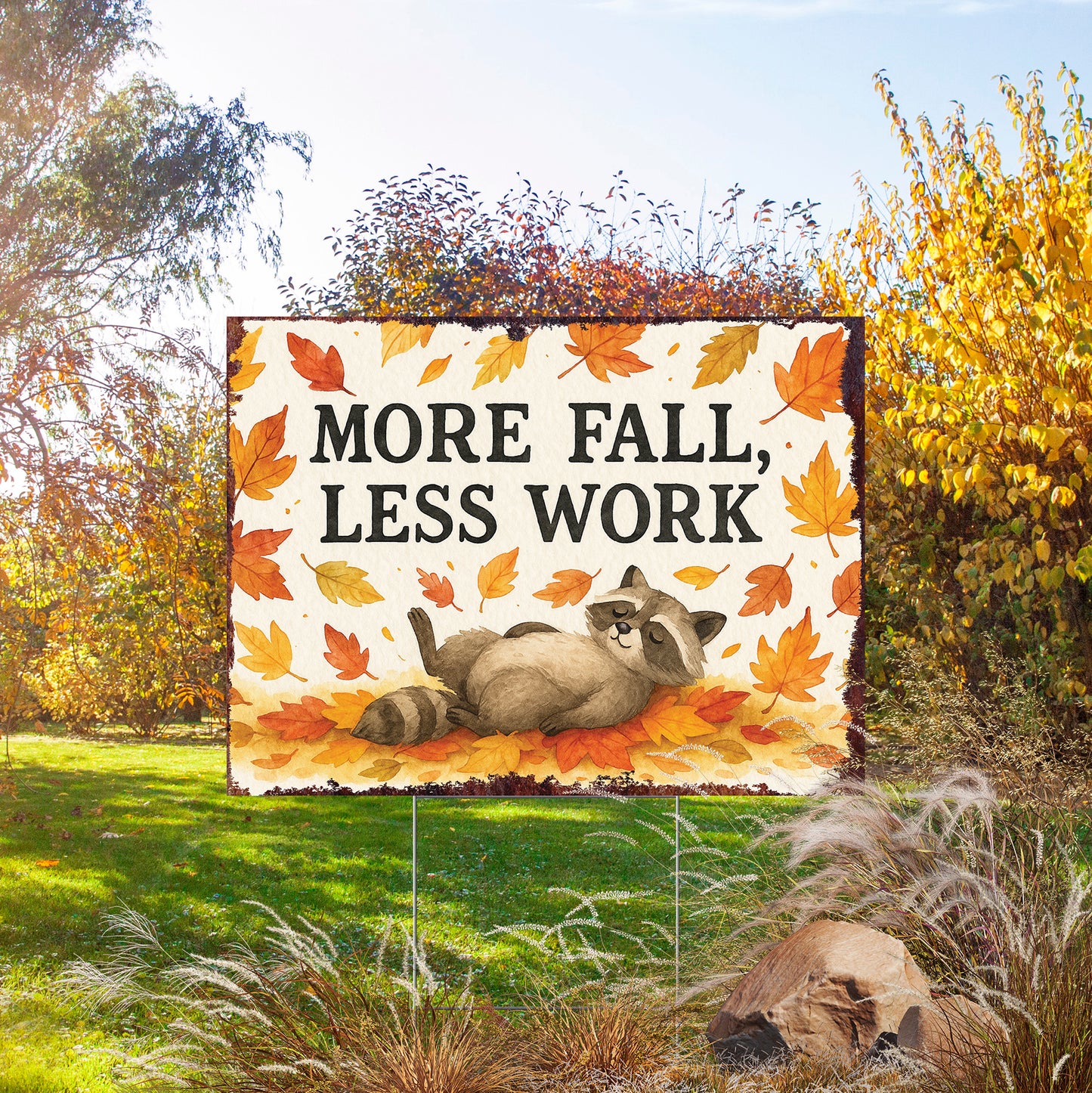More Fall Less Work Garden Sign – Funny Fall Yard Decor with Raccoon – UV Print Waterproof Corrugated Plastic Lawn Stake