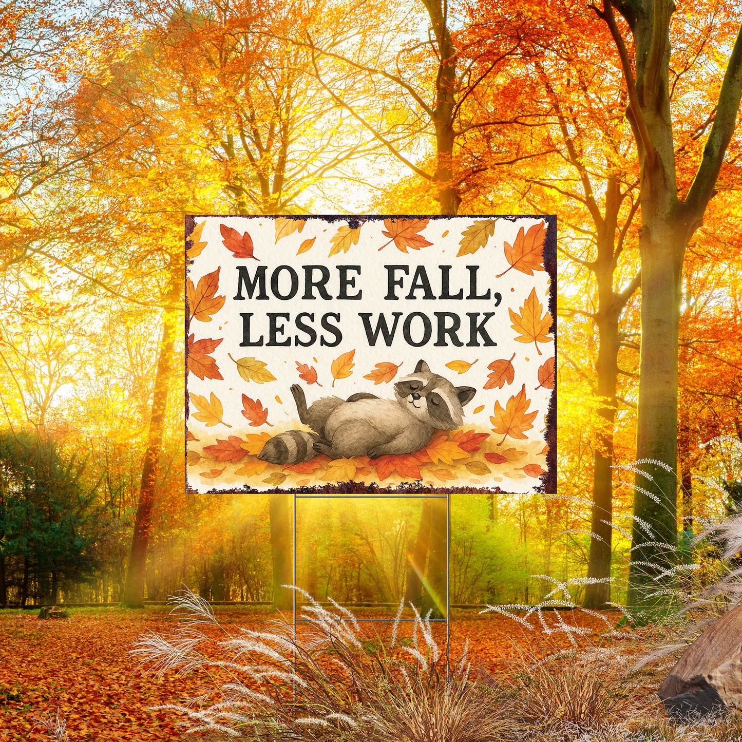 More Fall Less Work Garden Sign – Funny Fall Yard Decor with Raccoon – UV Print Waterproof Corrugated Plastic Lawn Stake