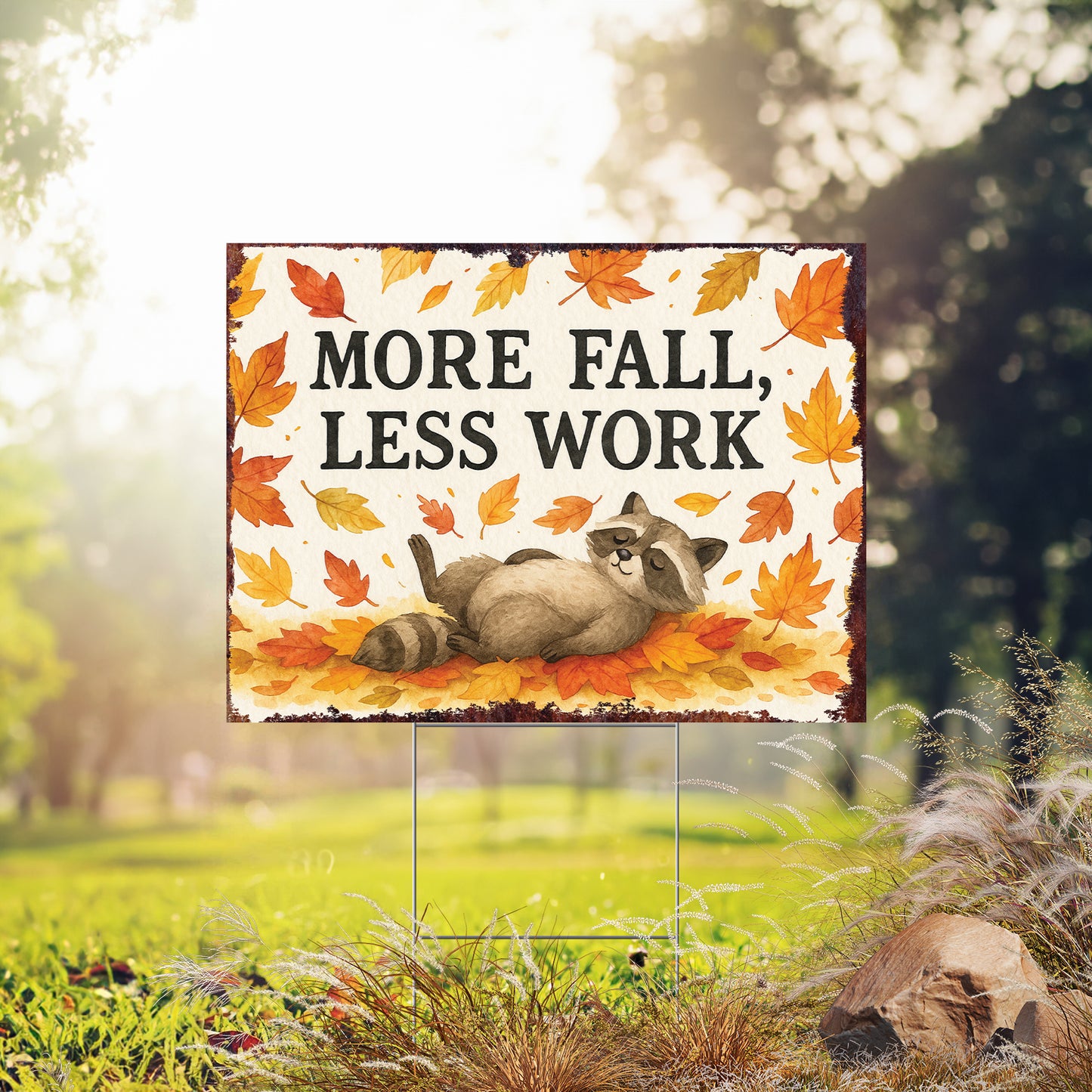 More Fall Less Work Garden Sign – Funny Fall Yard Decor with Raccoon – UV Print Waterproof Corrugated Plastic Lawn Stake
