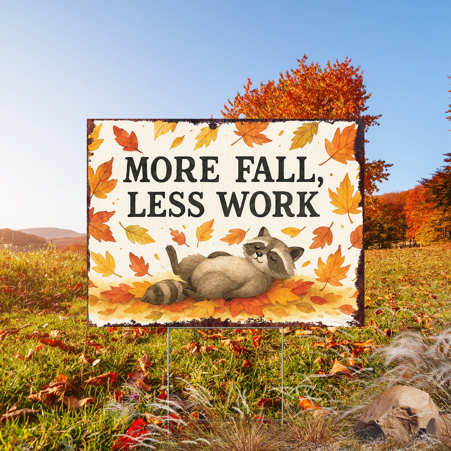 More Fall Less Work Garden Sign – Funny Fall Yard Decor with Raccoon – UV Print Waterproof Corrugated Plastic Lawn Stake