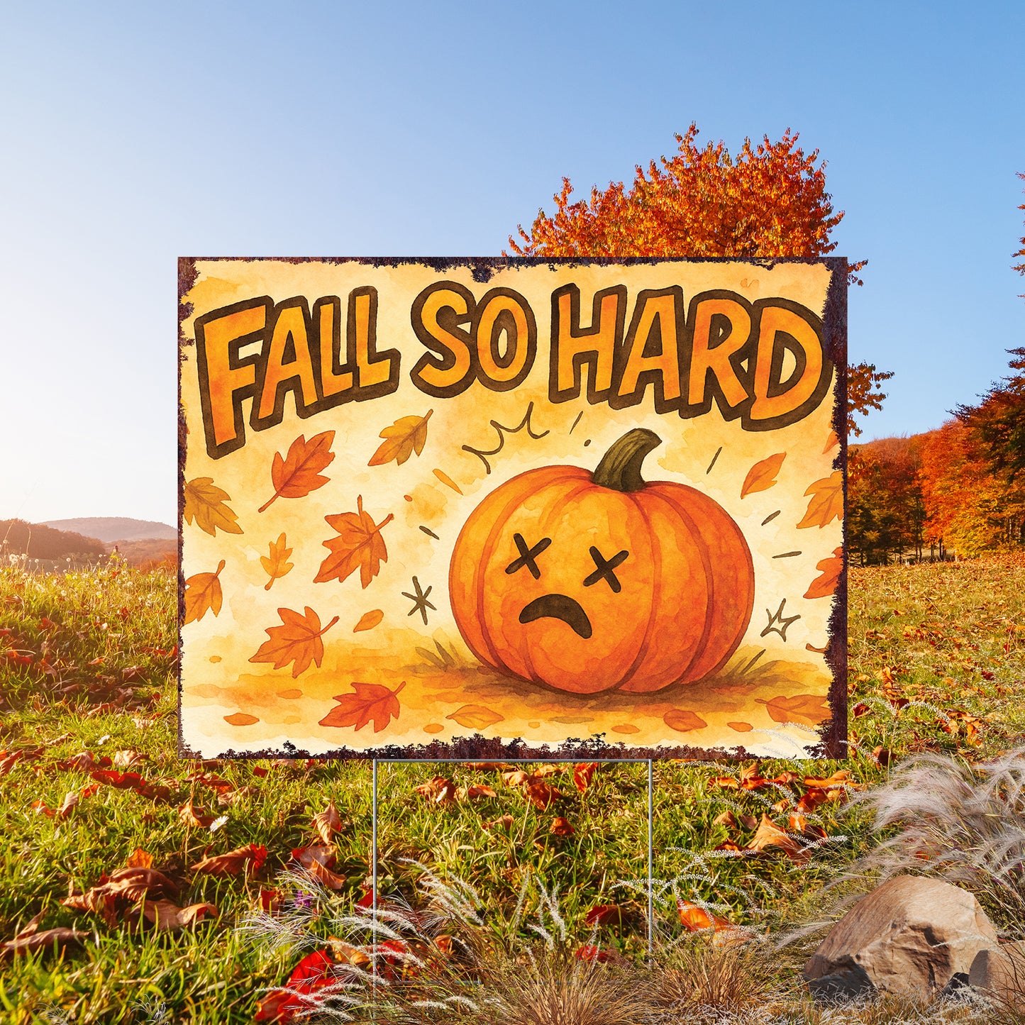 Fall So Hard Garden Sign – Funny Fall Yard Decor with Pumpkin Graphic – UV Print Waterproof Corrugated Plastic Stake