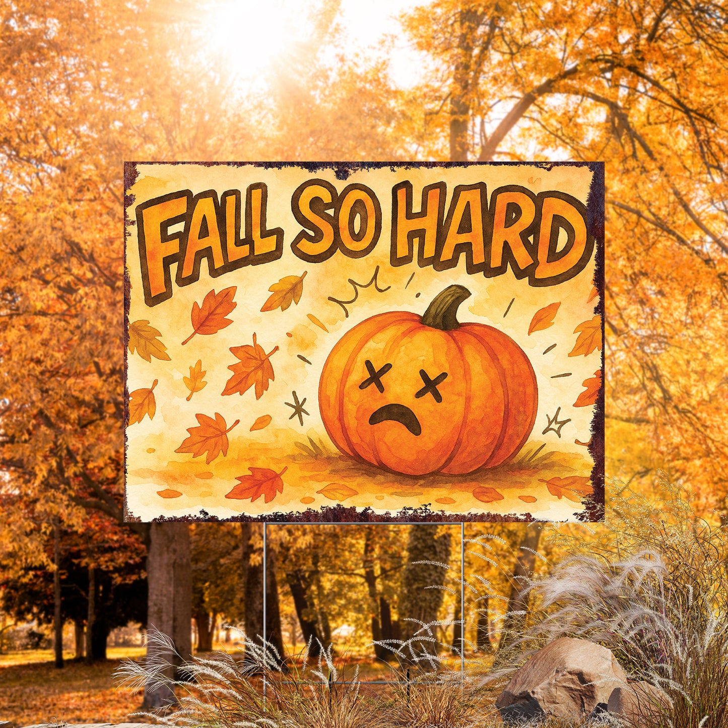 Fall So Hard Garden Sign – Funny Fall Yard Decor with Pumpkin Graphic – UV Print Waterproof Corrugated Plastic Stake