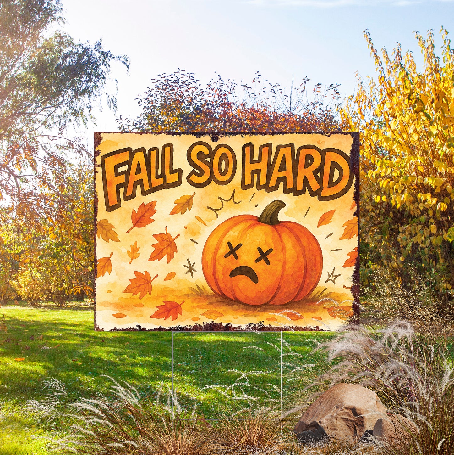 Fall So Hard Garden Sign – Funny Fall Yard Decor with Pumpkin Graphic – UV Print Waterproof Corrugated Plastic Stake