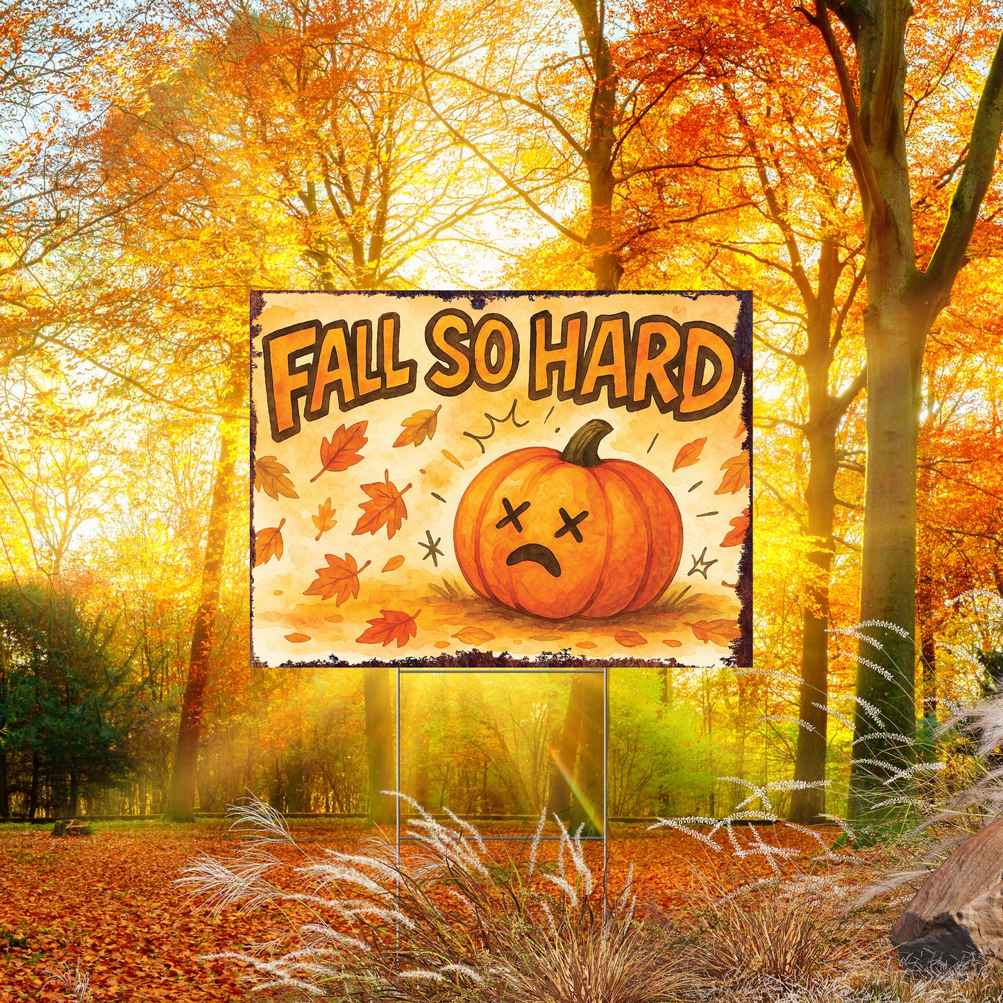Fall So Hard Garden Sign – Funny Fall Yard Decor with Pumpkin Graphic – UV Print Waterproof Corrugated Plastic Stake