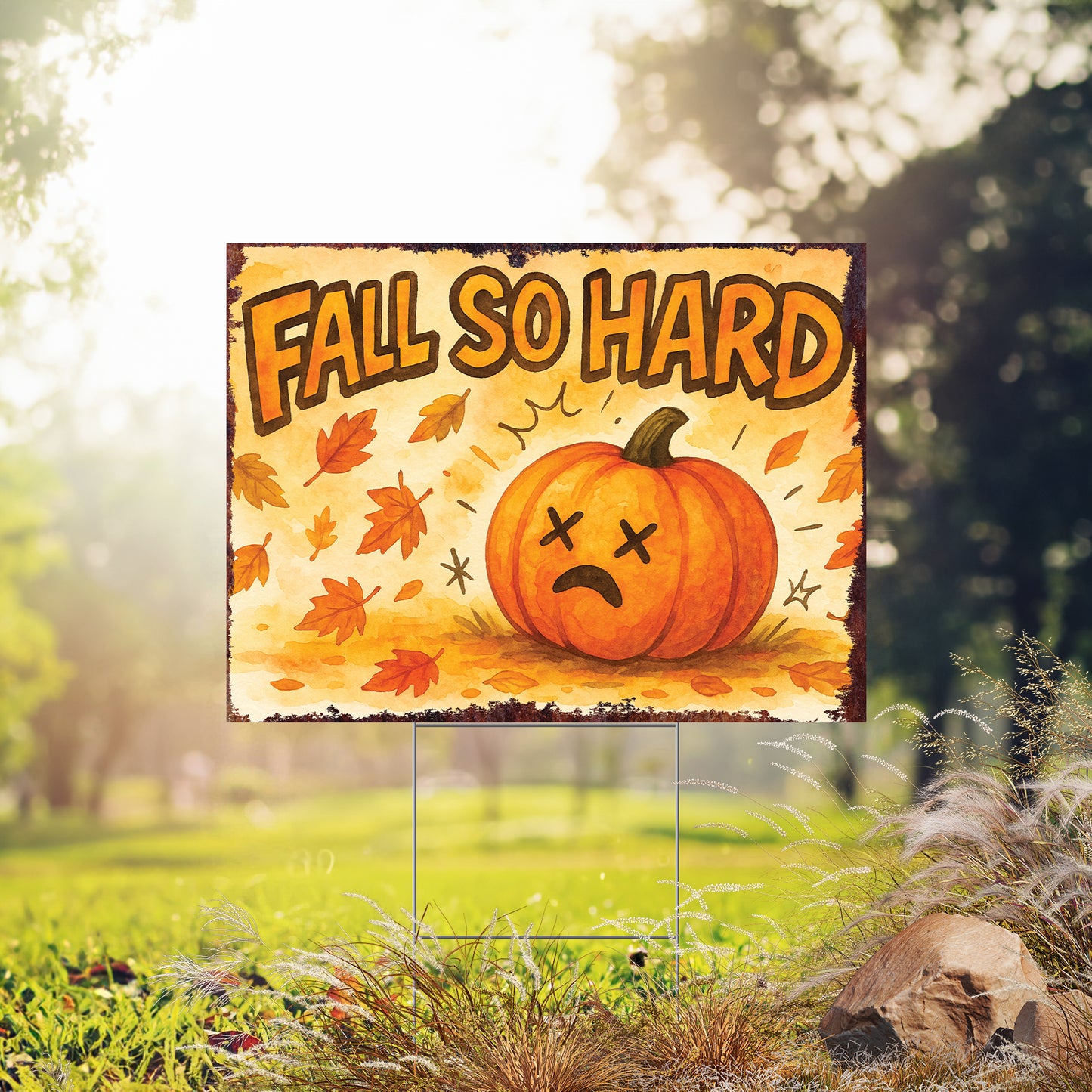Fall So Hard Garden Sign – Funny Fall Yard Decor with Pumpkin Graphic – UV Print Waterproof Corrugated Plastic Stake
