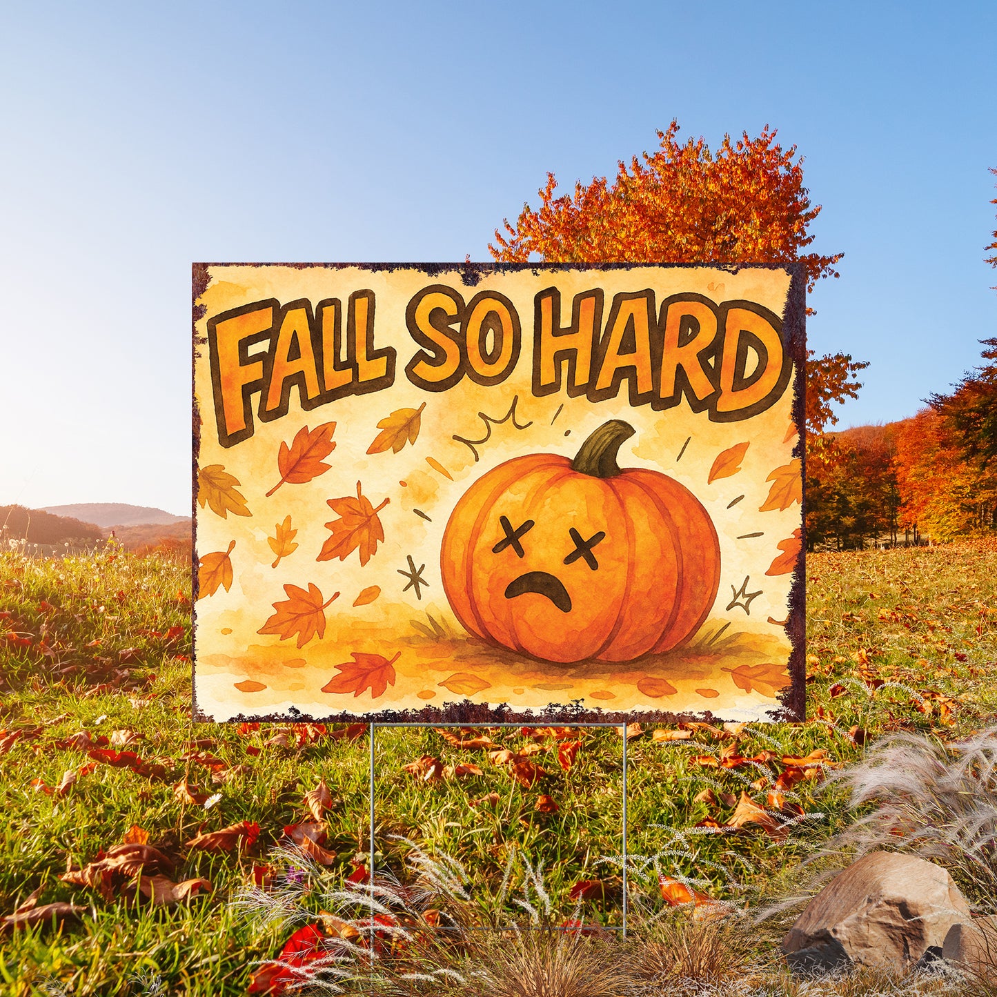 Fall So Hard Garden Sign – Funny Fall Yard Decor with Pumpkin Graphic – UV Print Waterproof Corrugated Plastic Stake