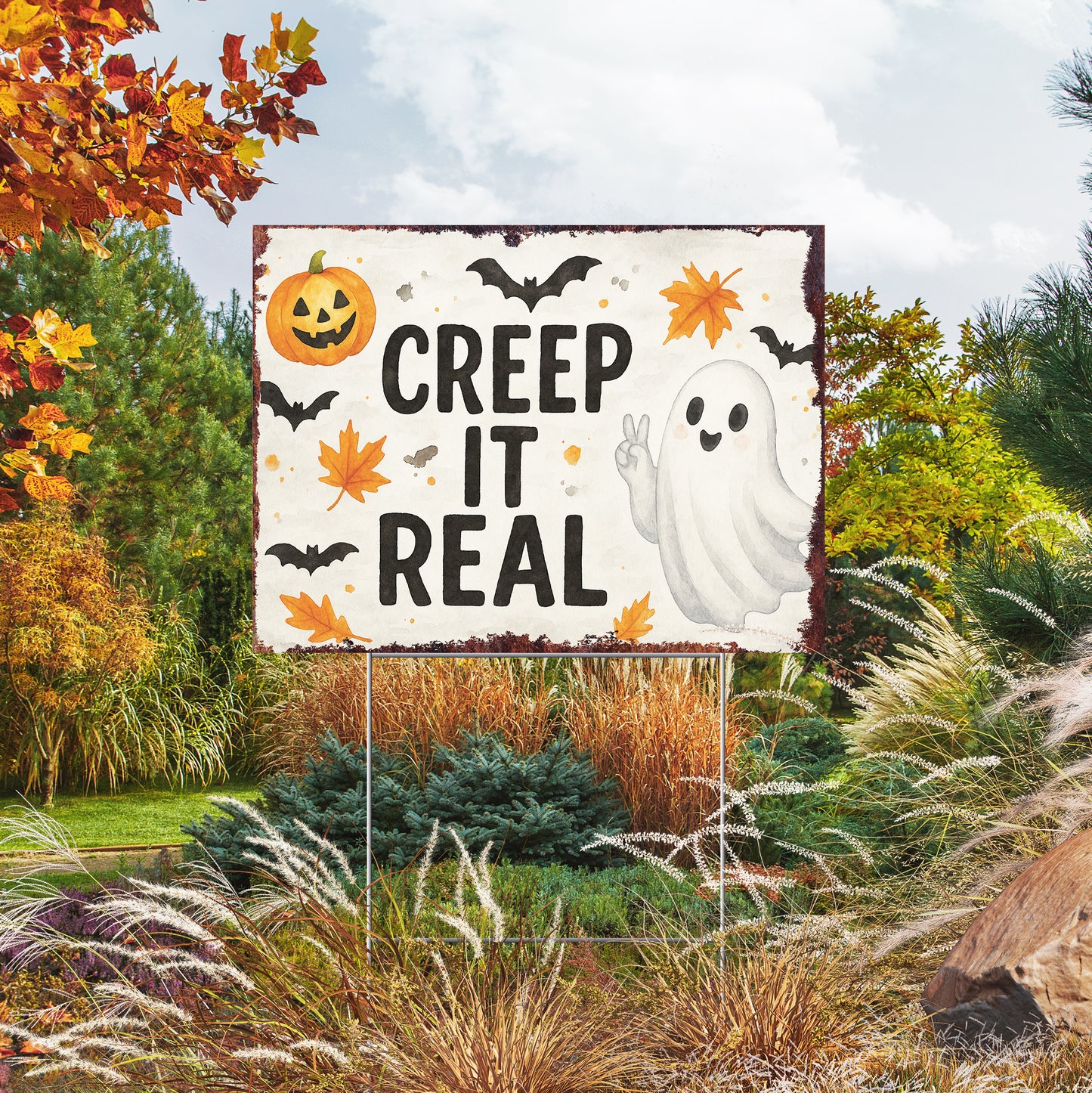 Creep It Real Halloween Garden Sign – Funny Ghost Yard Stake – UV Print Corrugated Plastic Outdoor Décor