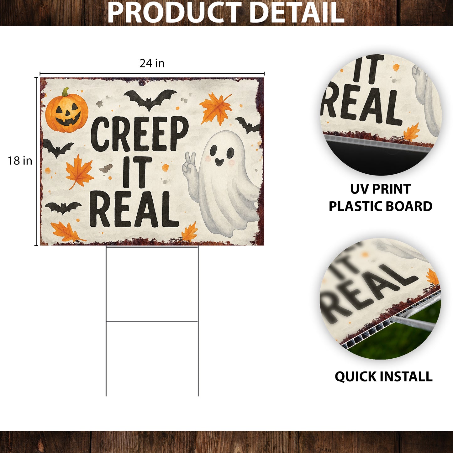 Creep It Real Halloween Garden Sign – Funny Ghost Yard Stake – UV Print Corrugated Plastic Outdoor Décor