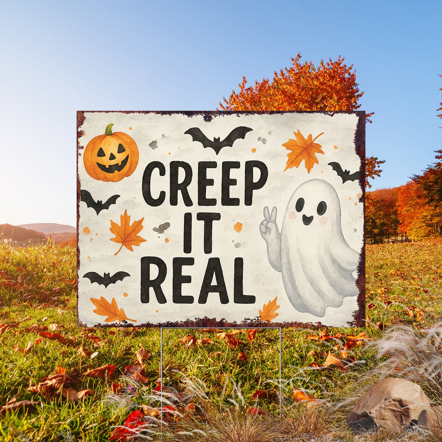 Creep It Real Halloween Garden Sign – Funny Ghost Yard Stake – UV Print Corrugated Plastic Outdoor Décor