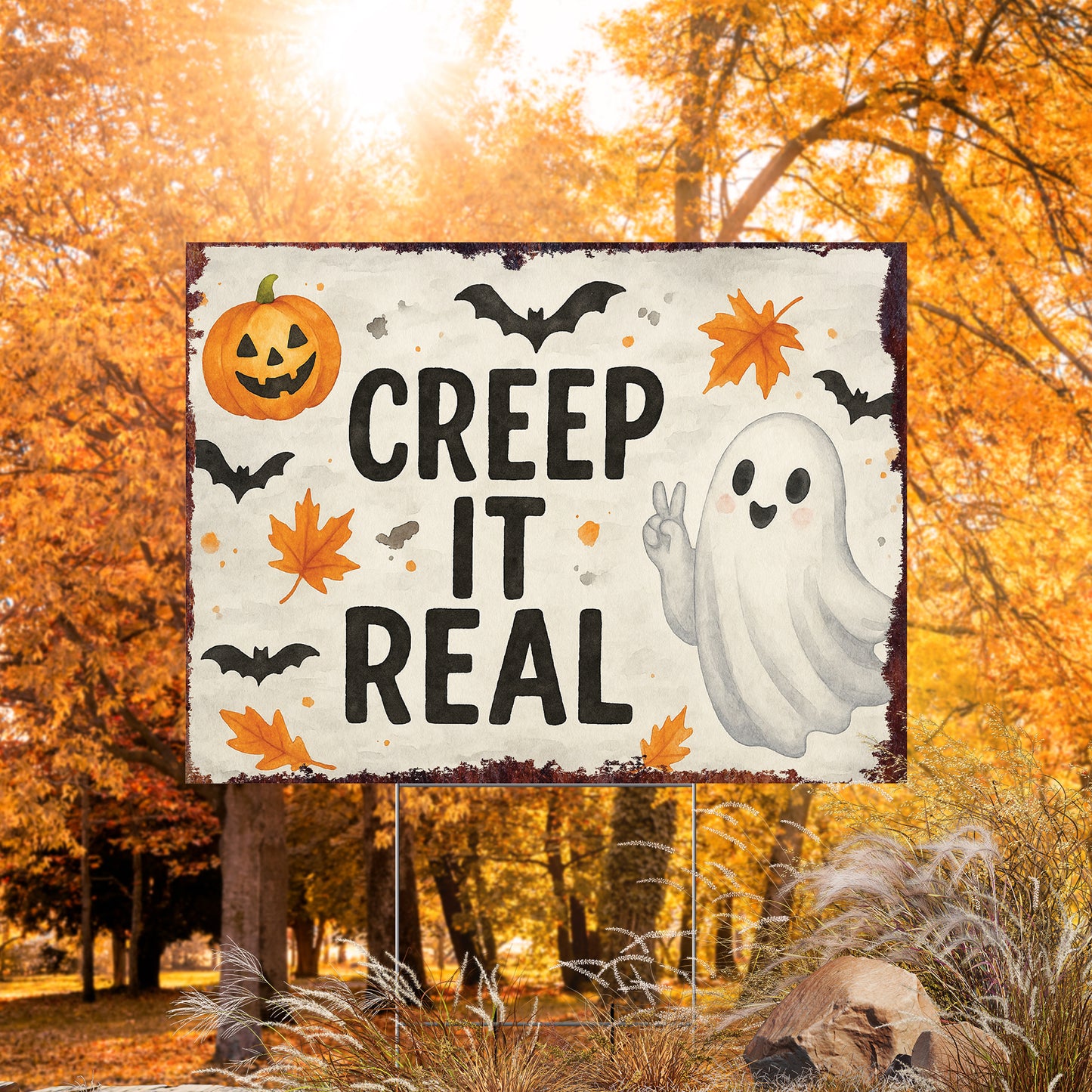 Creep It Real Halloween Garden Sign – Funny Ghost Yard Stake – UV Print Corrugated Plastic Outdoor Décor