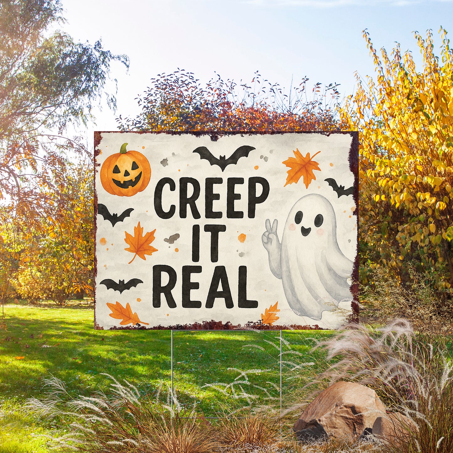 Creep It Real Halloween Garden Sign – Funny Ghost Yard Stake – UV Print Corrugated Plastic Outdoor Décor