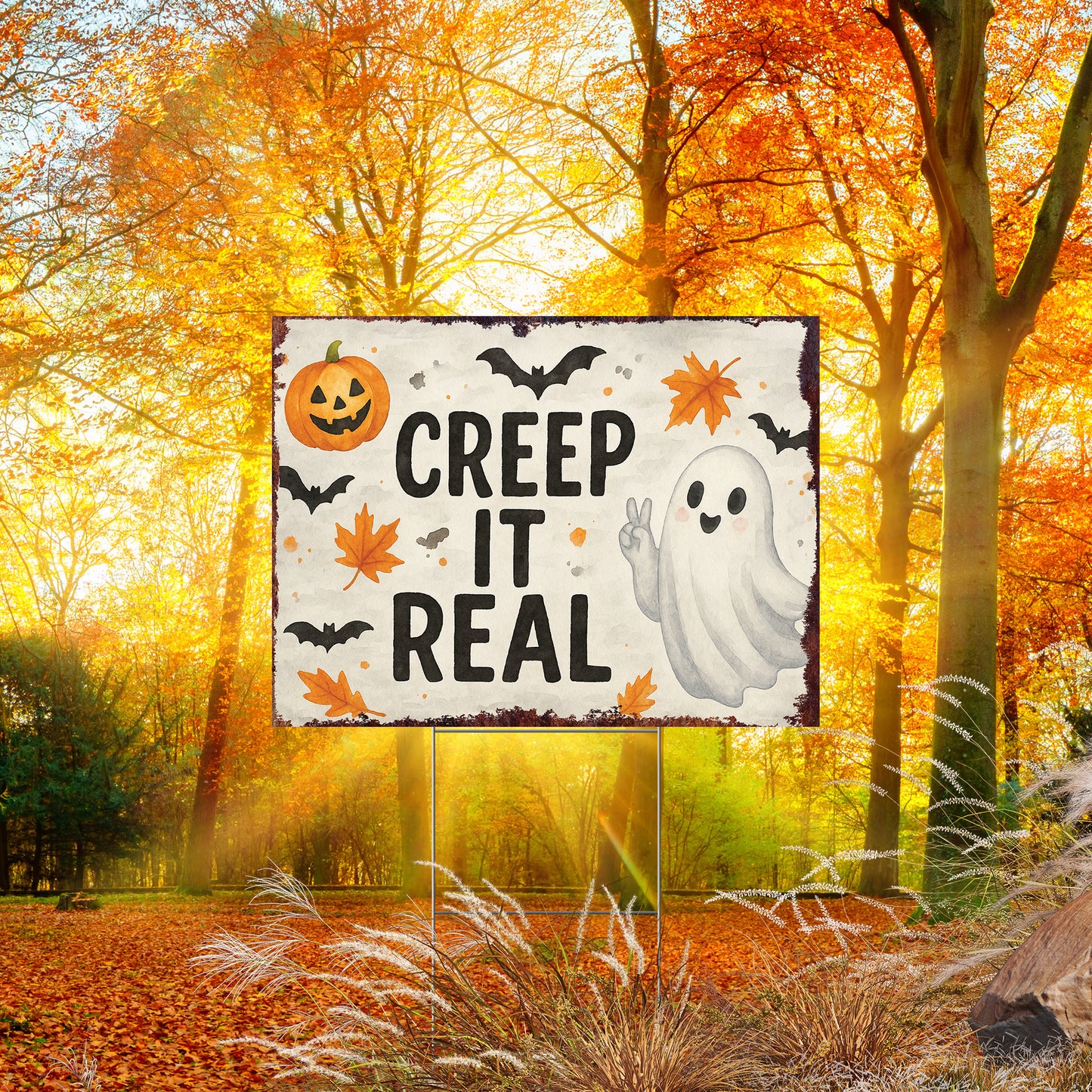 Creep It Real Halloween Garden Sign – Funny Ghost Yard Stake – UV Print Corrugated Plastic Outdoor Décor