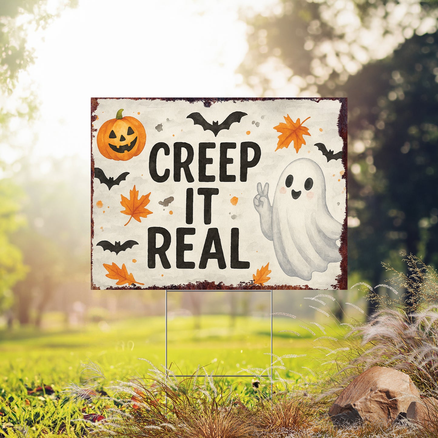 Creep It Real Halloween Garden Sign – Funny Ghost Yard Stake – UV Print Corrugated Plastic Outdoor Décor