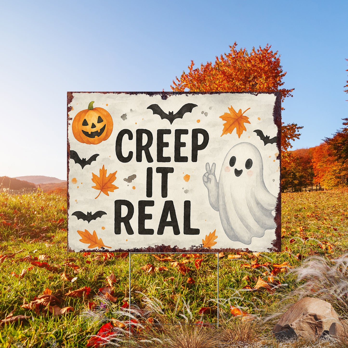Creep It Real Halloween Garden Sign – Funny Ghost Yard Stake – UV Print Corrugated Plastic Outdoor Décor