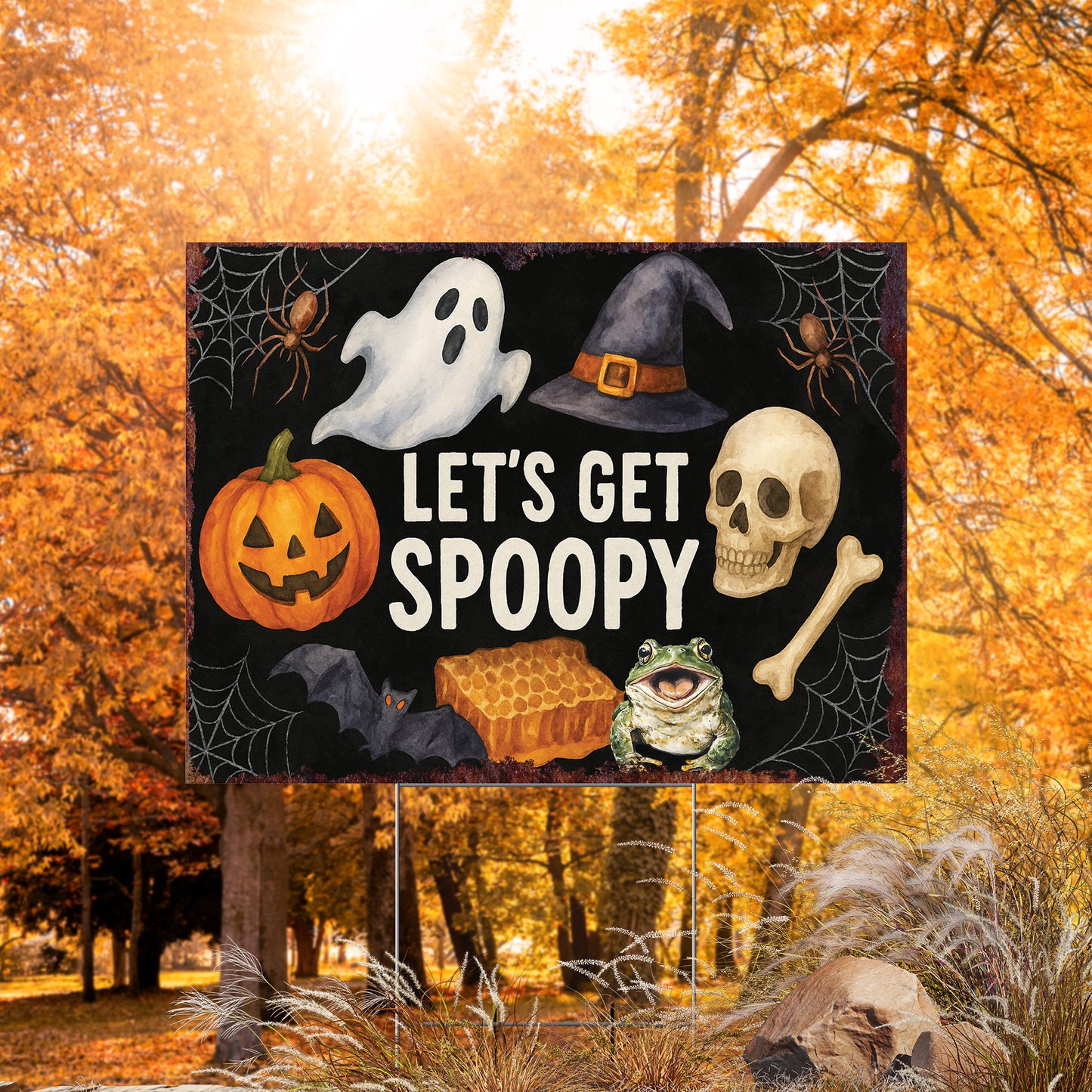 Let’s Get Spoopy Halloween Garden Sign – Funny Yard Stake Décor – UV Print Corrugated Plastic Outdoor Decoration
