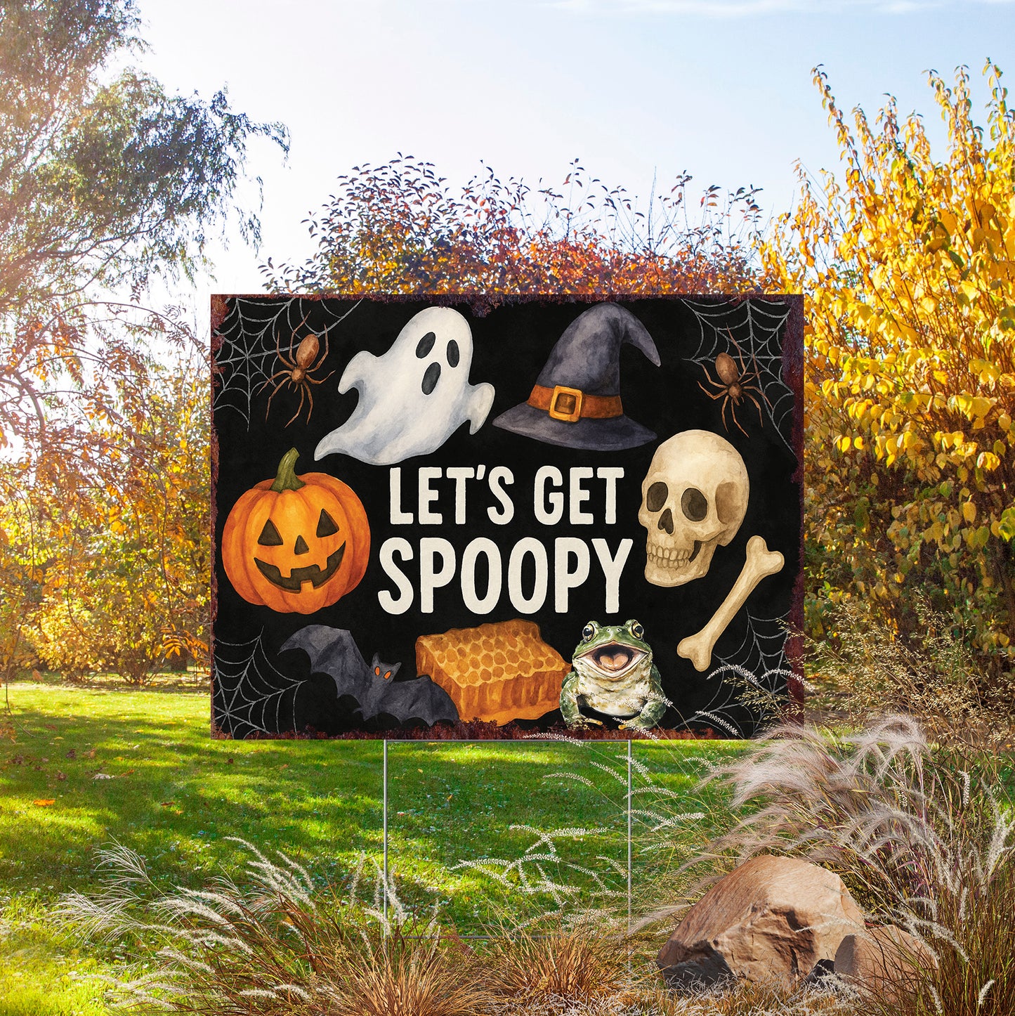 Let’s Get Spoopy Halloween Garden Sign – Funny Yard Stake Décor – UV Print Corrugated Plastic Outdoor Decoration