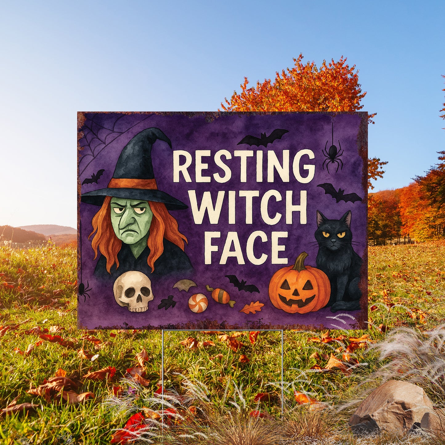 Resting Witch Face Halloween Garden Sign – Funny Yard Stake with Witch & Cat – UV Print Corrugated Plastic Outdoor Decor
