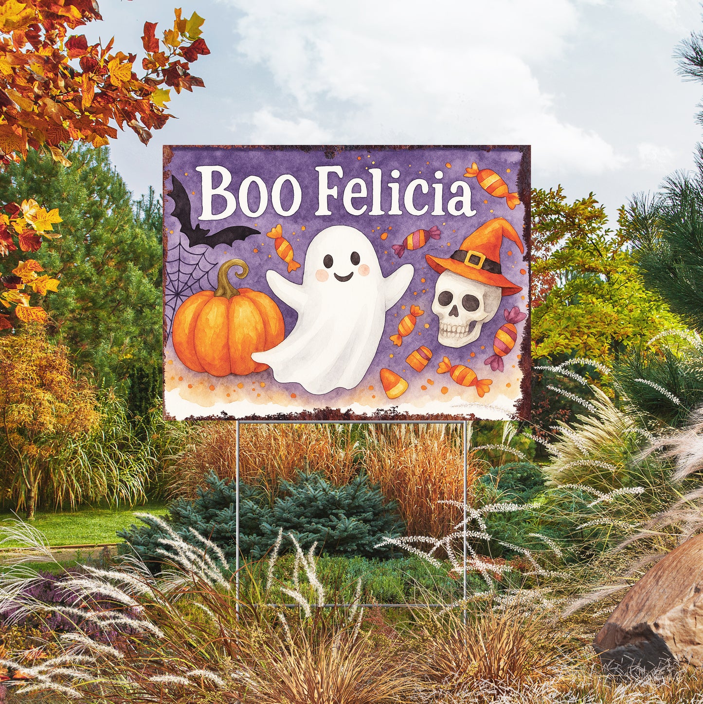 Boo Felicia Halloween Garden Sign – Funny Ghost Yard Stake – UV Print Corrugated Plastic Outdoor Halloween Decoration
