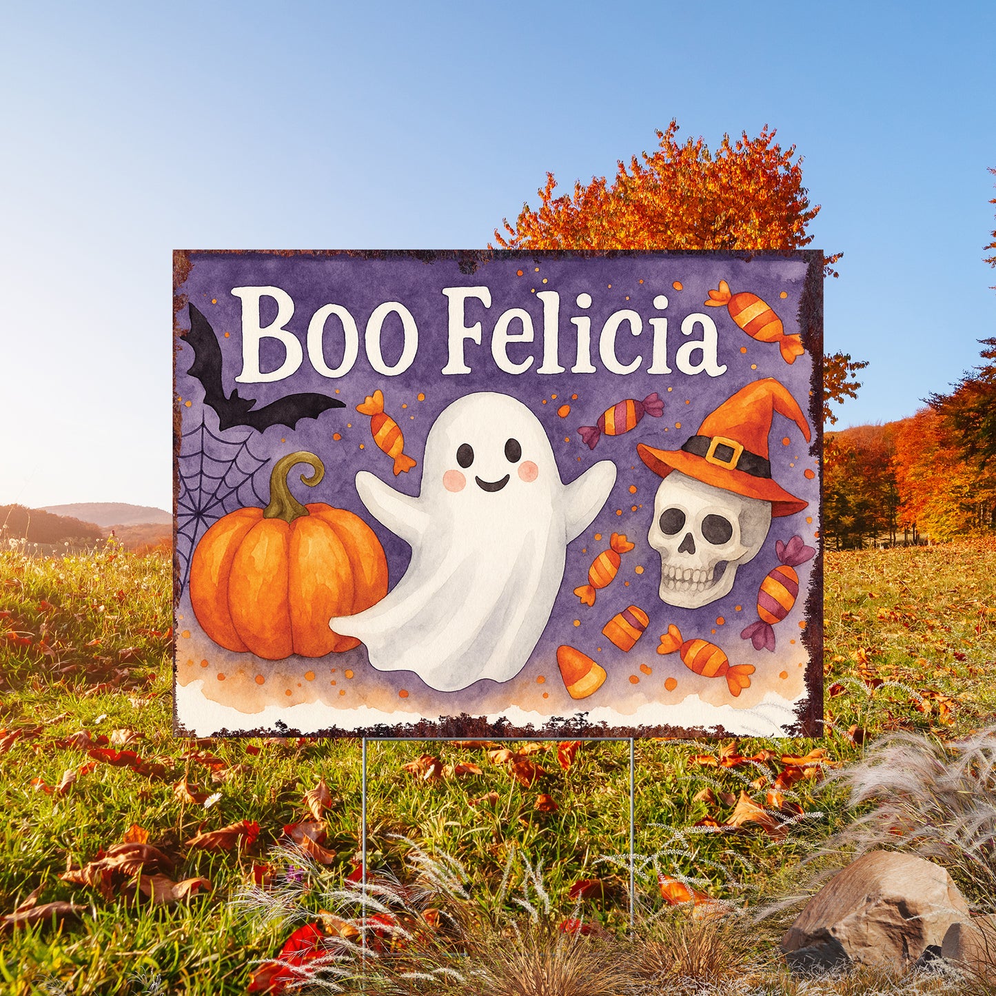 Boo Felicia Halloween Garden Sign – Funny Ghost Yard Stake – UV Print Corrugated Plastic Outdoor Halloween Decoration