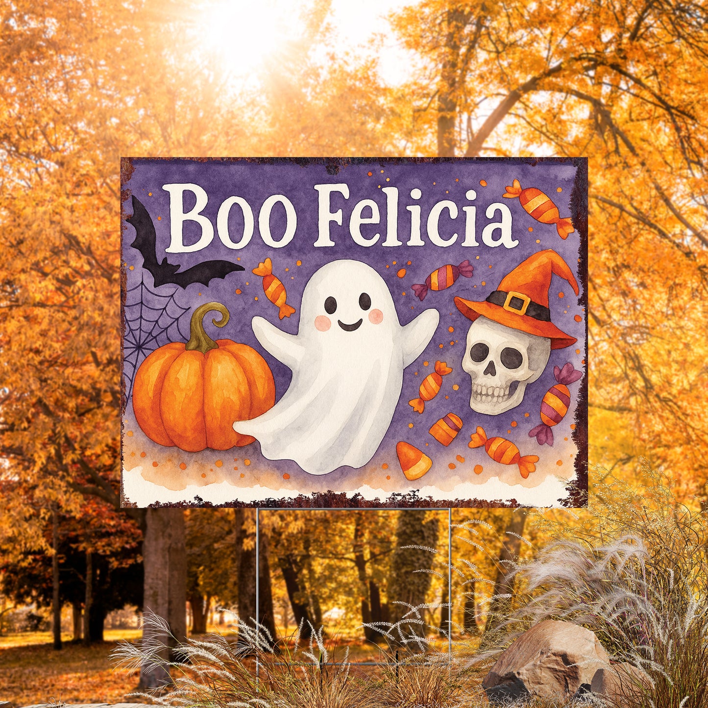 Boo Felicia Halloween Garden Sign – Funny Ghost Yard Stake – UV Print Corrugated Plastic Outdoor Halloween Decoration