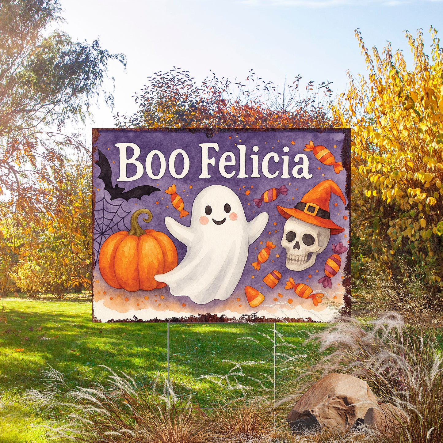Boo Felicia Halloween Garden Sign – Funny Ghost Yard Stake – UV Print Corrugated Plastic Outdoor Halloween Decoration