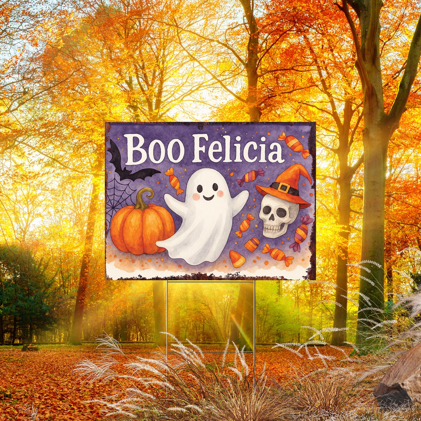 Boo Felicia Halloween Garden Sign – Funny Ghost Yard Stake – UV Print Corrugated Plastic Outdoor Halloween Decoration