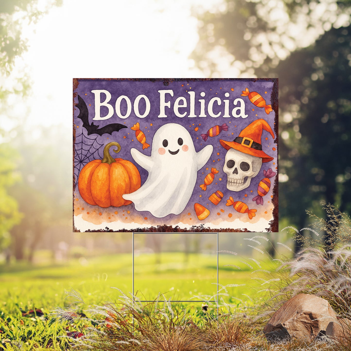 Boo Felicia Halloween Garden Sign – Funny Ghost Yard Stake – UV Print Corrugated Plastic Outdoor Halloween Decoration