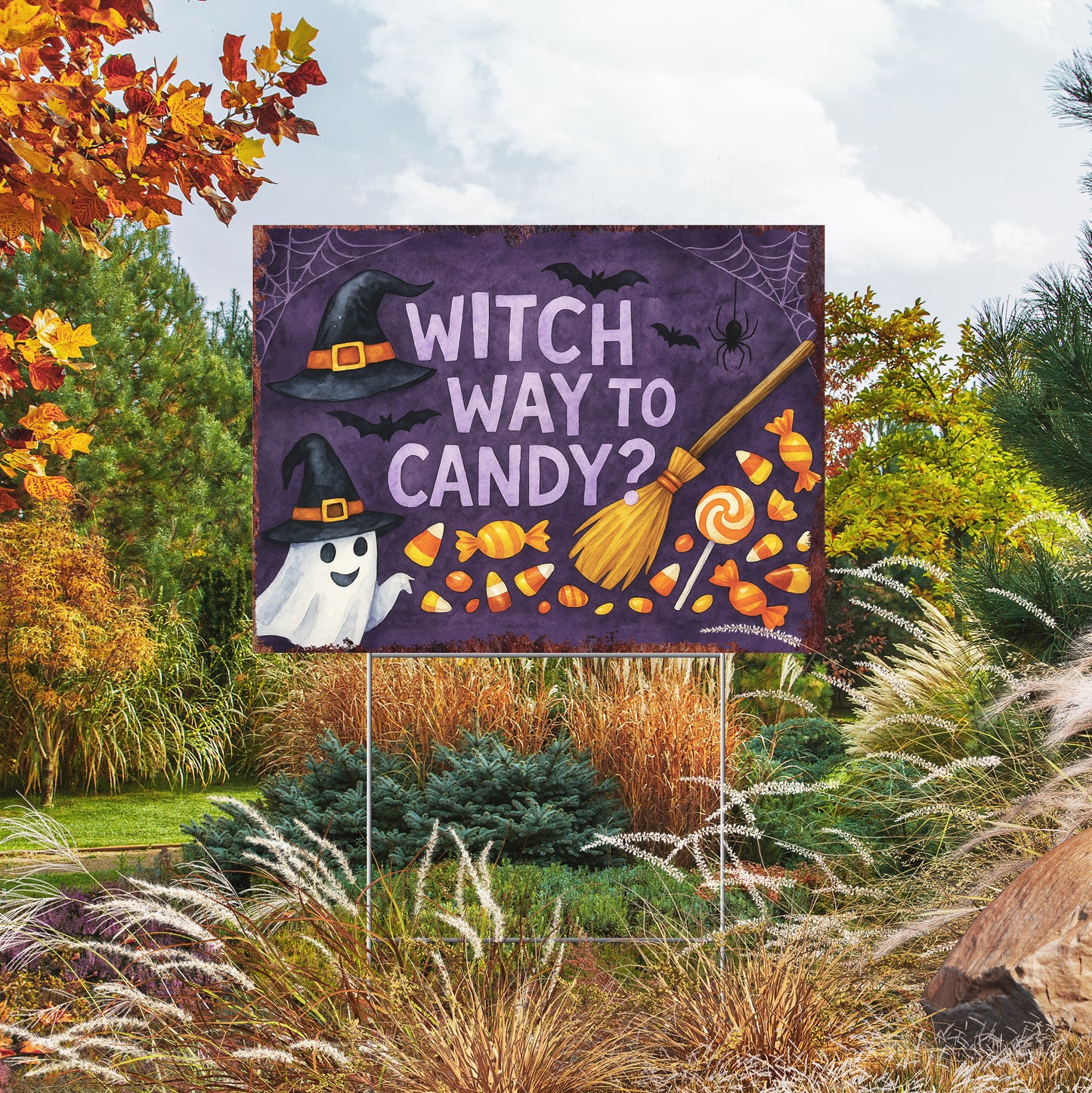 Witch Way to Candy Halloween Garden Sign – Funny Ghost Yard Stake – UV Print Corrugated Plastic Outdoor Décor